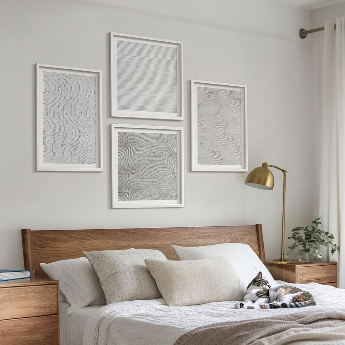 WANDBILDER 4er-Set - 50x50 cm & 40x60 cm Weißer Rahmen - Sandmuster geometrische Strukturen - Weiß, Kunststoff (50/50cm) - ArtPrintCave