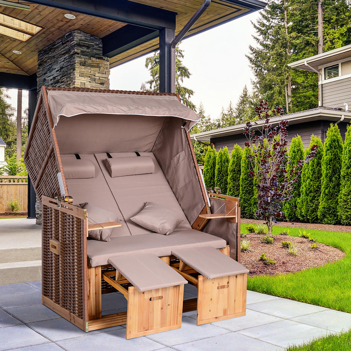 STRANDKORB mit Klapptisch Sitzhocker Getrankehaltern PE Rattan Beige - Beige, Kunststoff (79/150/118cm) - Outsunny