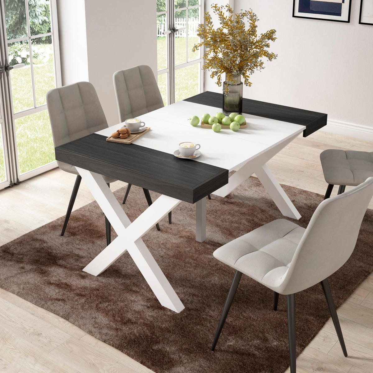 KONSOLENTISCH ausziehbar 58 bis 140cm, für 6 Gäste, weiß schwarz, 90/58/73cm - Multicolor/Schwarz, Holzwerkstoff (90/140/73cm) - Skraut Home