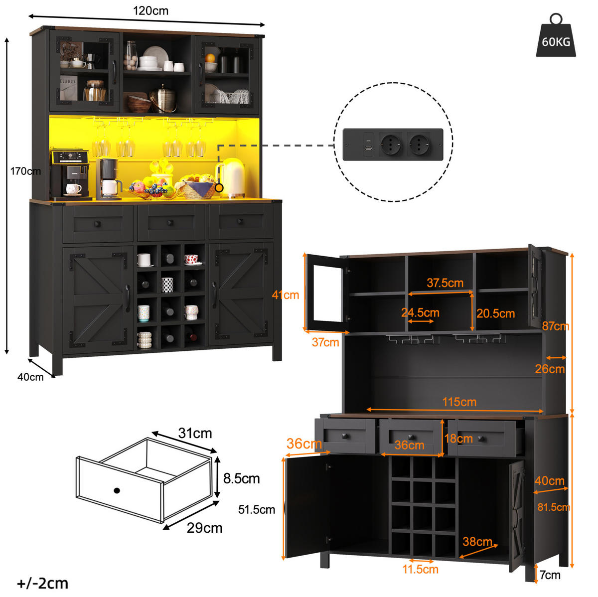 BUFFETSCHRANK 120/40/170 cm mit LED-Beleuchtung, Steckdosenleiste, USB und Weinregal aus MDF und Glas, Schwarz - Schwarz, Holzwerkstoff (120/170/40cm) - Redom