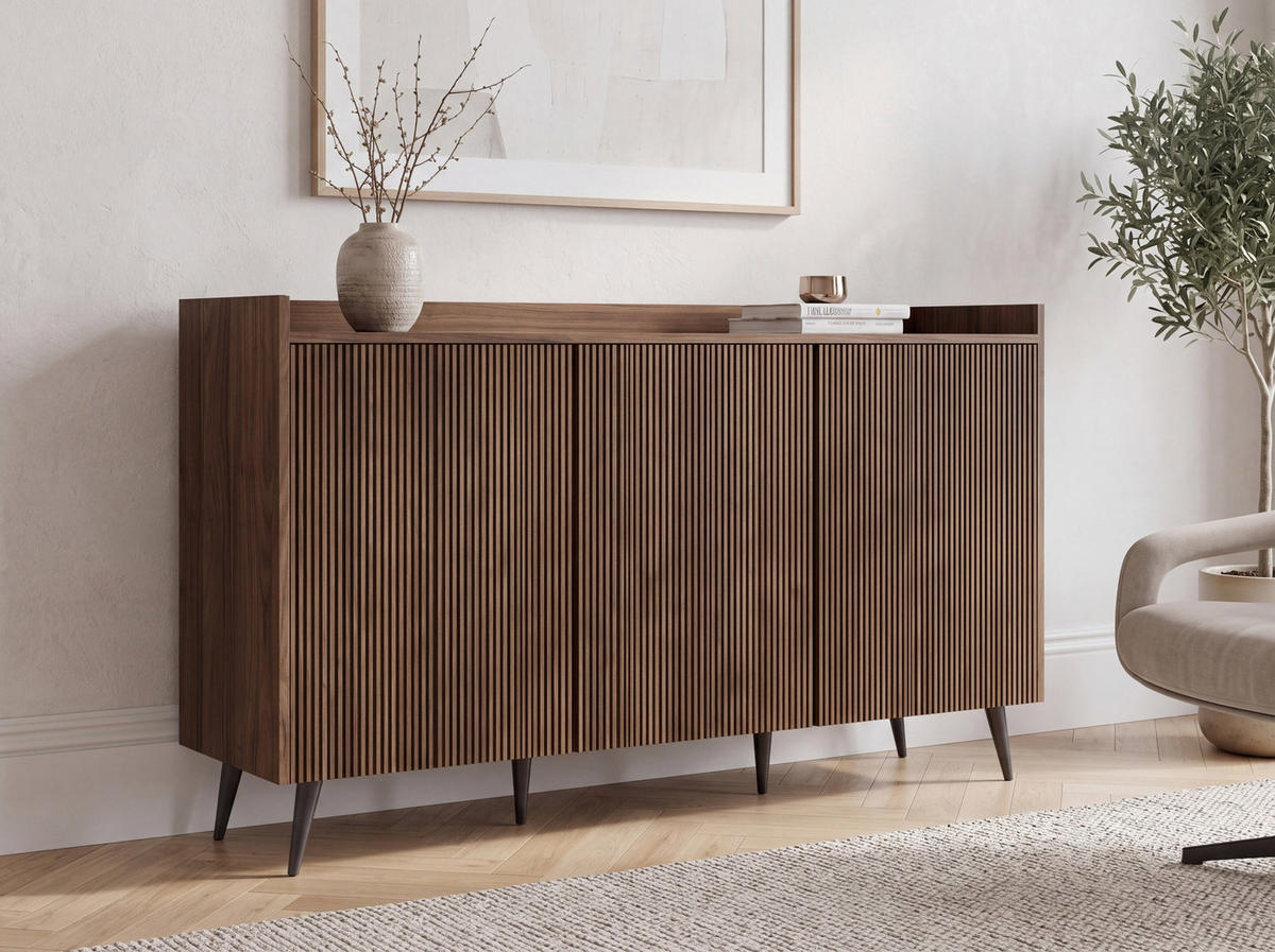 SIDEBOARD Arysa – Geriffelt, 3 Türen, Hohe Metallfüße – Walnuss 150/92/41 cm - Walnussfarben/Schwarz, Holzwerkstoff/Metall (150/92/41cm) - WFL GROUP