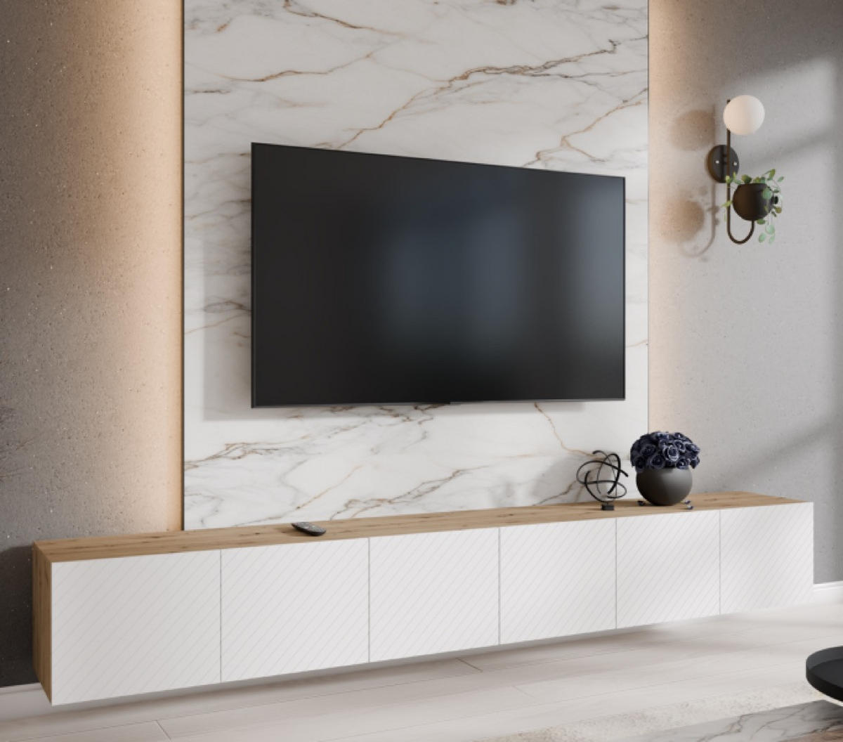 TV-SCHRANK Weiß Nikol Gefräste Fronten Geschlossen Artisan - Eiche Artisan/Weiß, Holzwerkstoff (300/41/40cm) - Sepro Meble