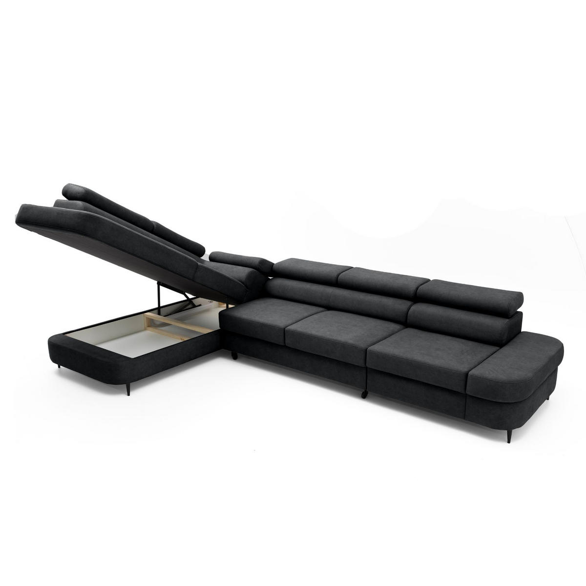 ECKSOFA PRIAM MAXI L-Form Links mit Schlaffunktion 125x195 Velours Anthrazit - Anthrazit/Schwarz, Holz/Textil (203/350cm) - Muffo
