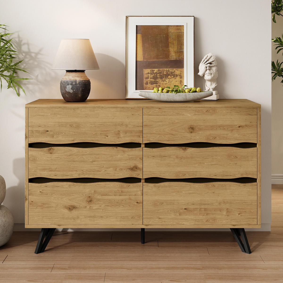 SIDEBOARD mit 6 Schubladen, Holzoptik mit wellenförmigen Fronten und schwarzen Metallfüßen, 120/40/75,5 cm,Naturfarben - Naturfarben, Holzwerkstoff (120/75.5/40cm) - Redom