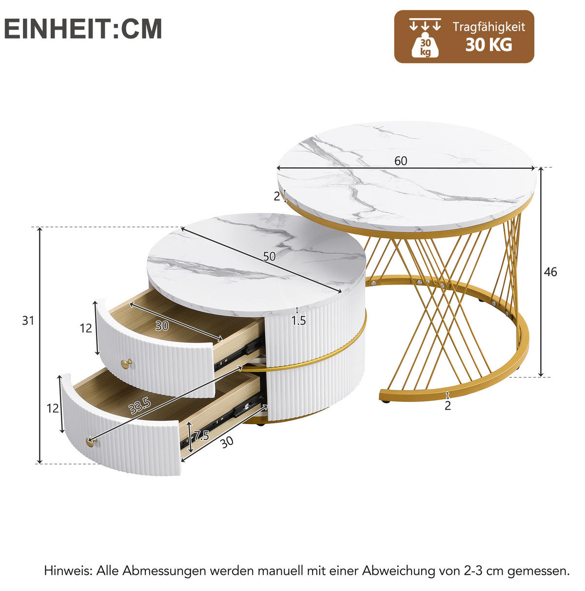 KLUB stolići set 60/60/46 i 50/50/30,8 cm bijeli od MDF-a s izgledom mramora i 2 ladice - bijela, drvni materijal (60/60/46cm) - OKWISH