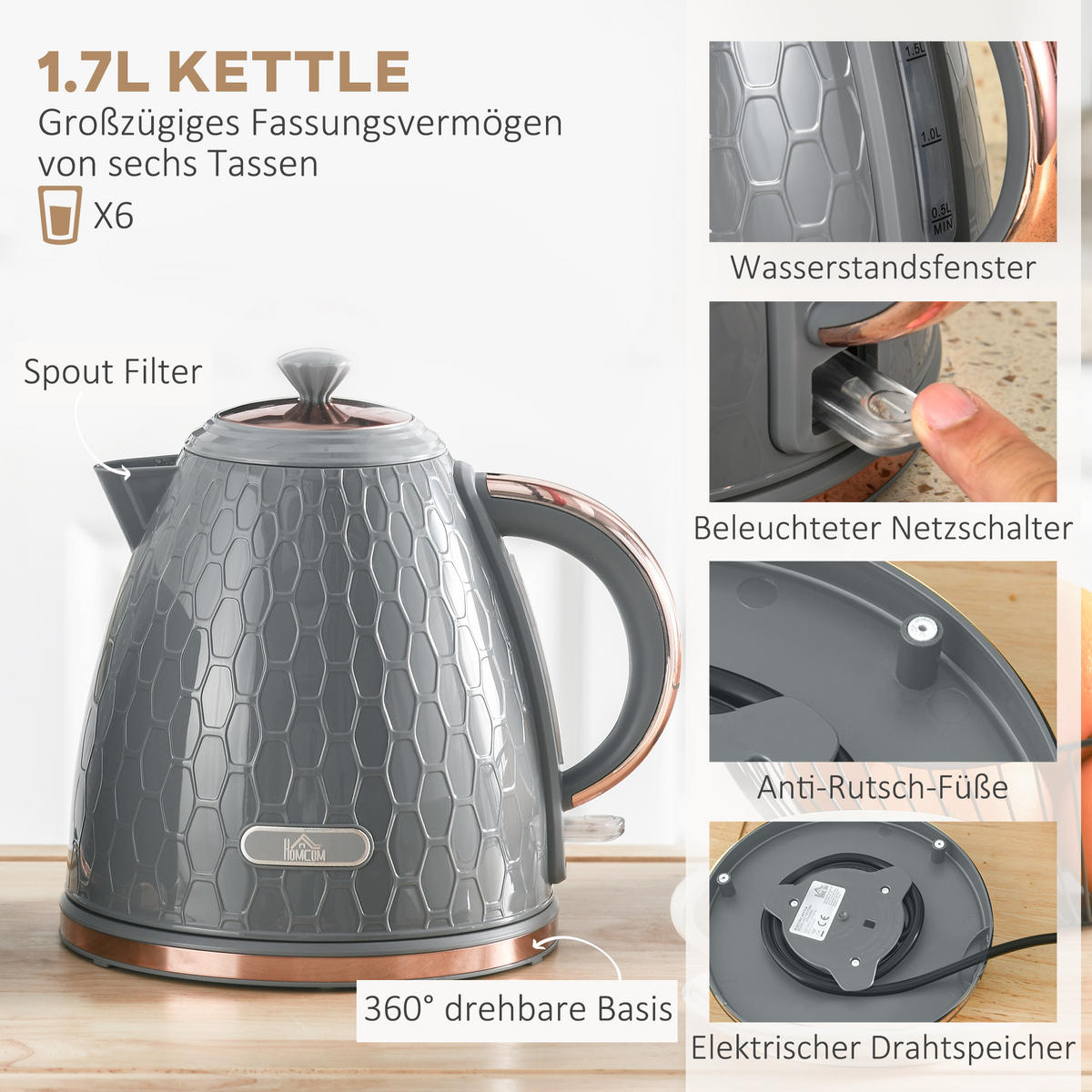 TOASTER mit Wasserkocher DE-07913 Grau - Grau, Kunststoff (19.5/23.4/24.2cm) - ComfortXL