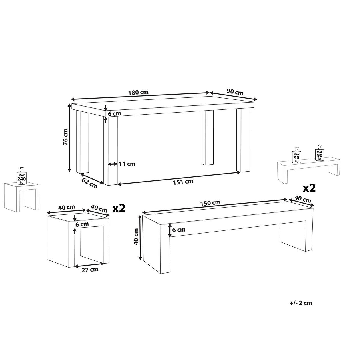 GARTENMÖBEL SET 6-Sitzer Beton grau 2 Bänke U-Form 2 Hocker Taranto - Grau, Stein - Beliani