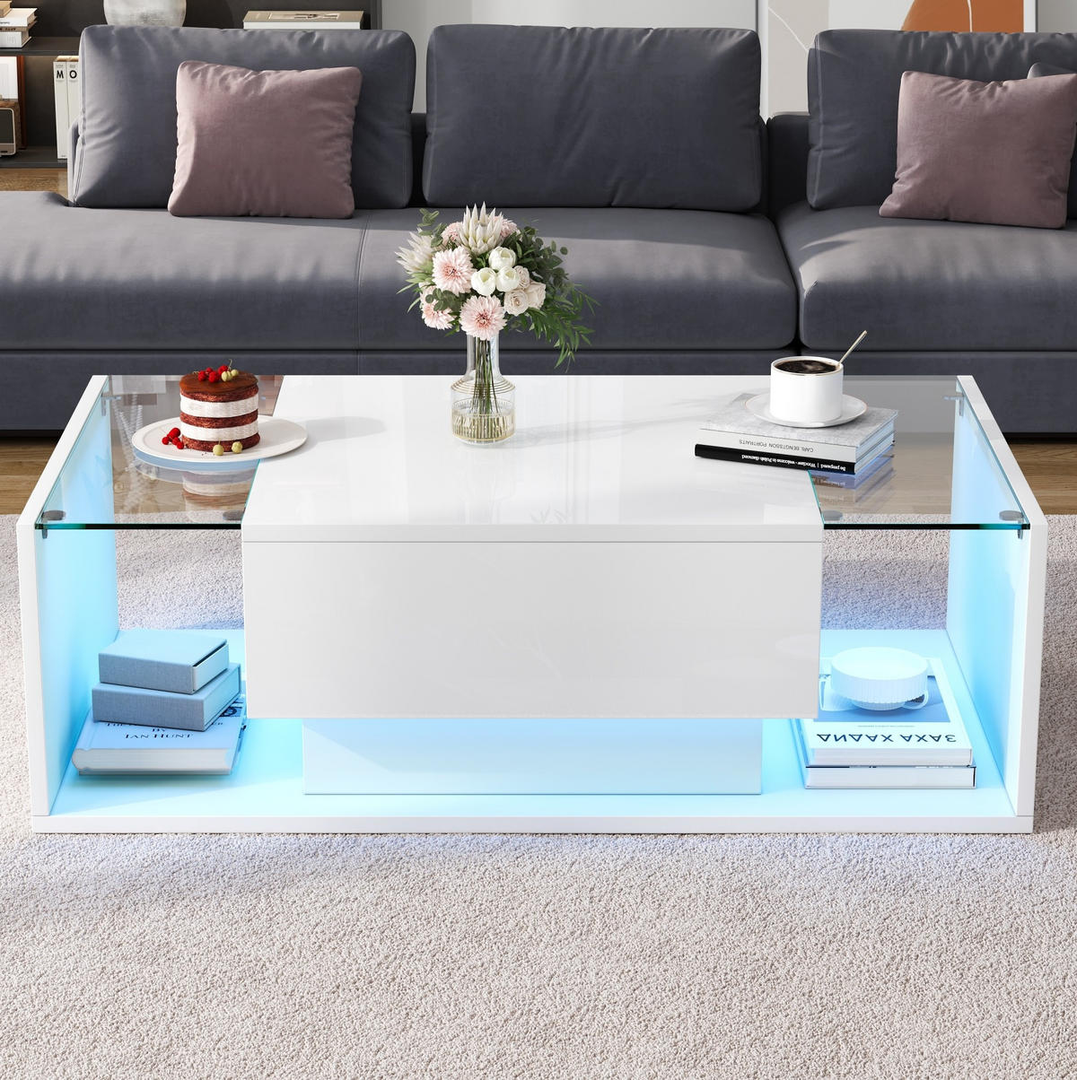 COUCHTISCH 100/50 cm mit Schublade, LED-Beleuchtung und gehärtetem Glas - Weiß, Holzwerkstoff (100/50/31cm) - BEAOK