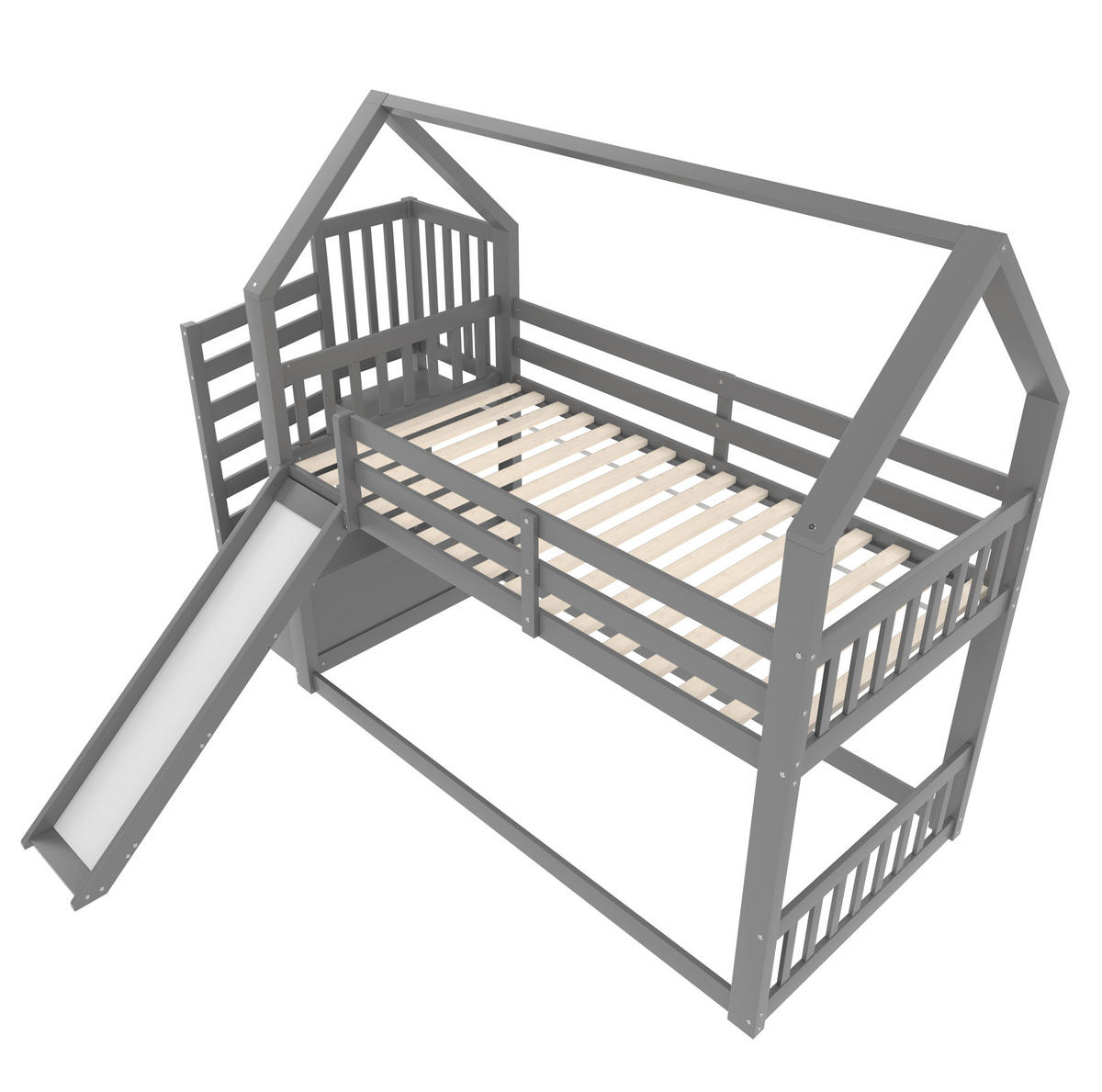 ETAGENBETT aus Kiefernholz und MDF 90x200 cm Grau mit Stauraumtreppe, Rutsche und Hausdesign - Grau, Holzwerkstoff (90/200cm) - Modfu
