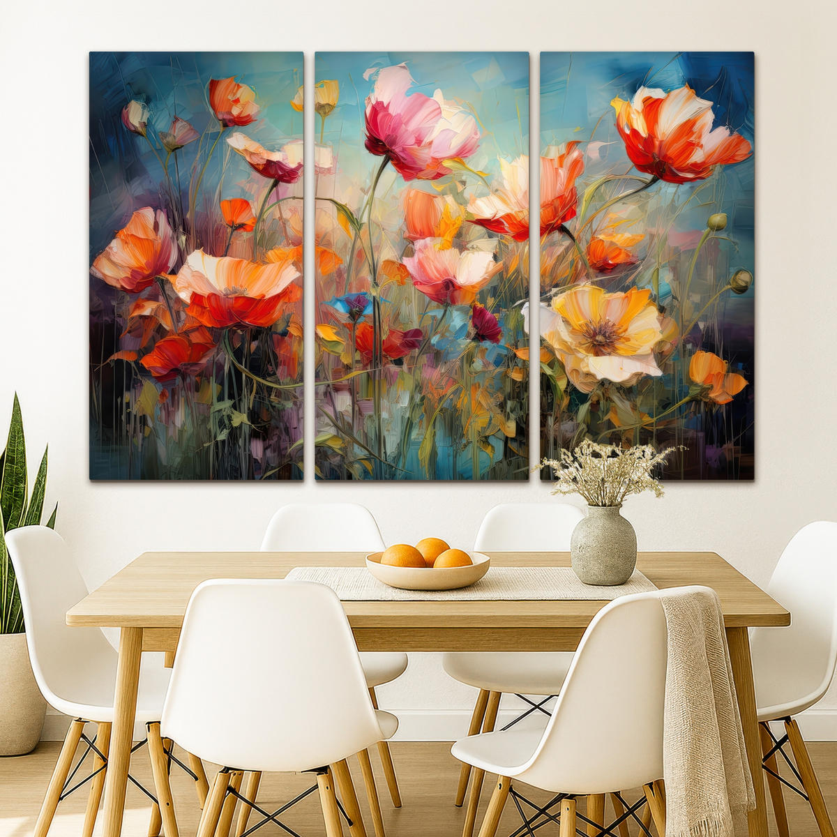 LEINWANDBILD 3er Set Blumen - Bunt - Abstrakt 150x100 cm - Blaugrau, Textil (150/100cm) - MuchoWow