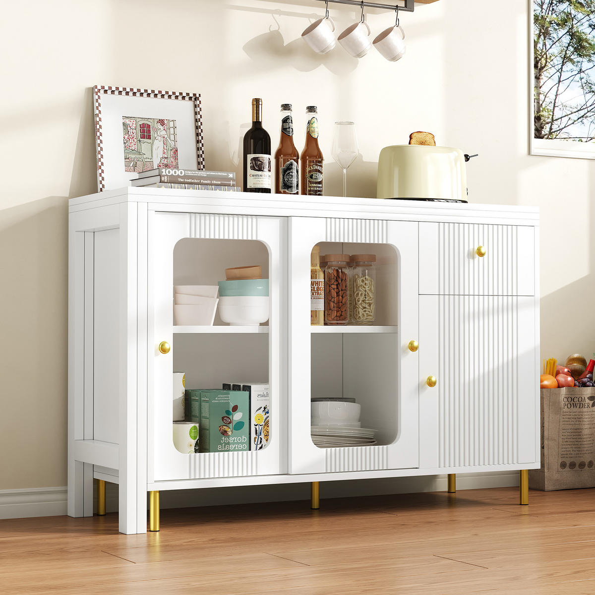 SIDEBOARD weiß aus MDF mit verstellbarer Ausziehtischplatte 116 × 40 × 78,5 cm - Weiß, Holzwerkstoff (116/78.5/40cm) - Luhomfu