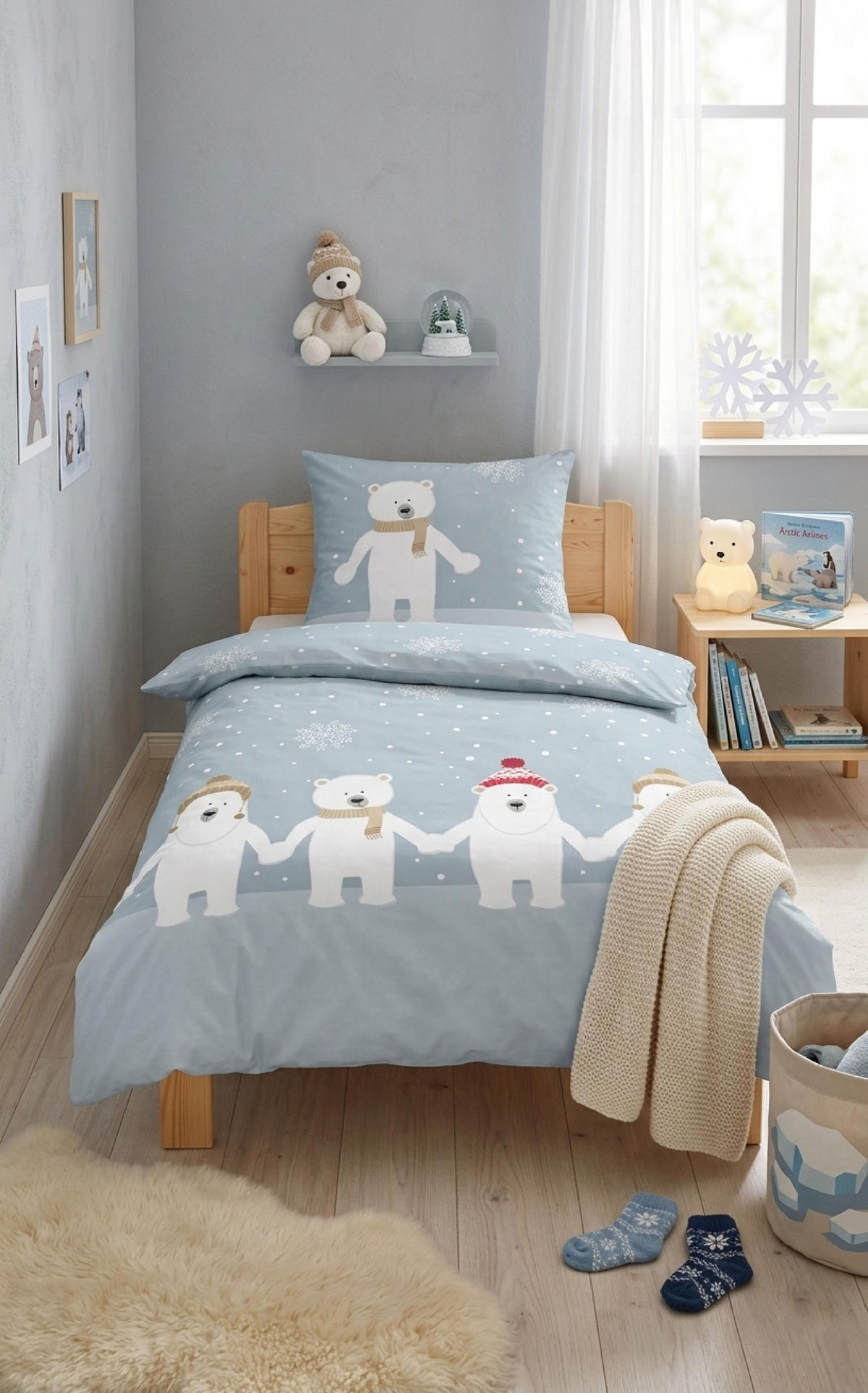 BETTWÄSCHE-GARNITUR Premium Biber Eisbären taubenblau, 135x200 cm + 80x80 cm - Blaugrau, Textil (135/200cm) - biberna