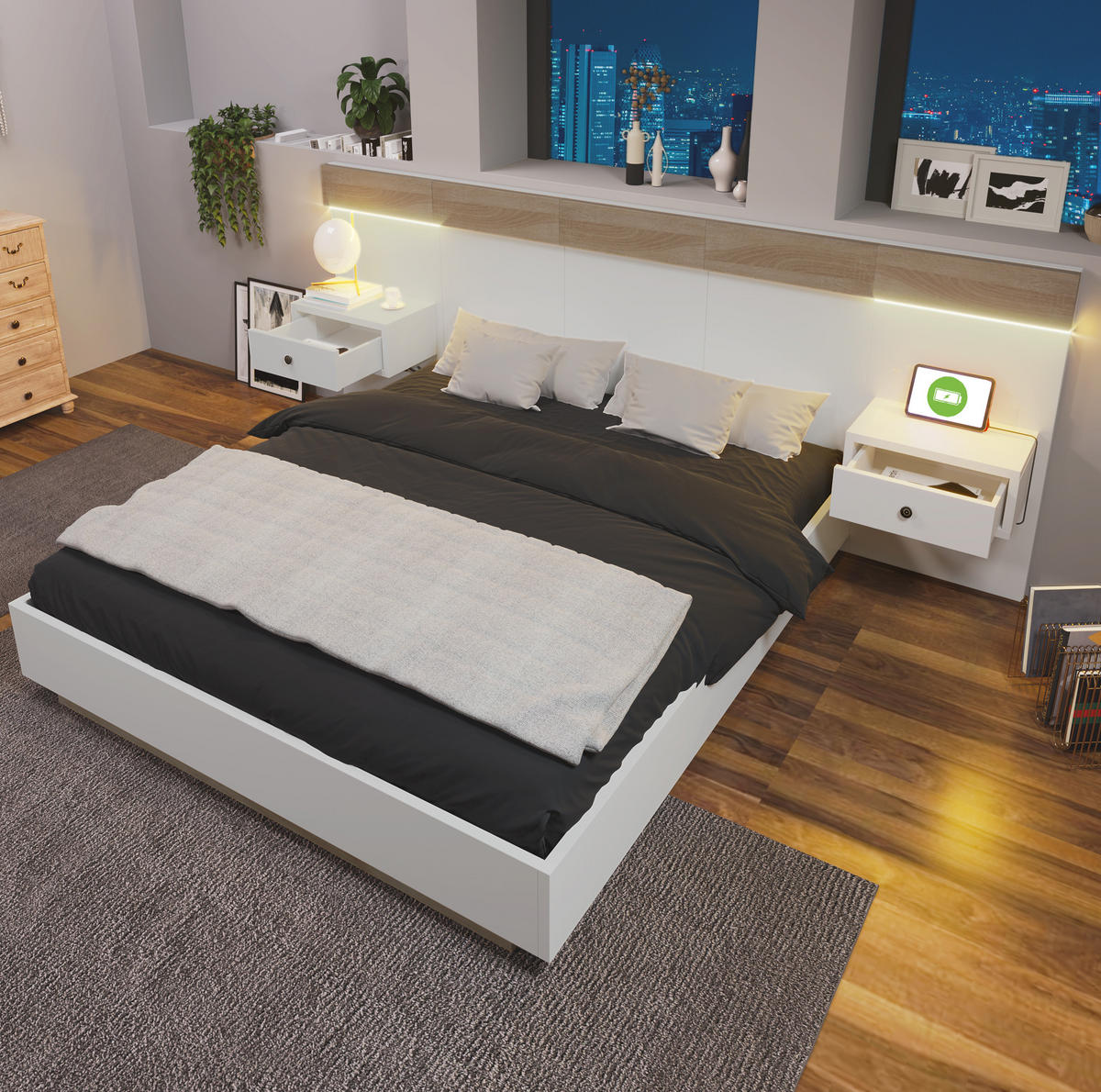 DOPPELBETT 160/200 cm mit 2 LED Nachtkommoden und USB-C Steckdose in Sonoma Eiche/Weiß - Weiß, Holzwerkstoff (160/200cm) - OKWISH