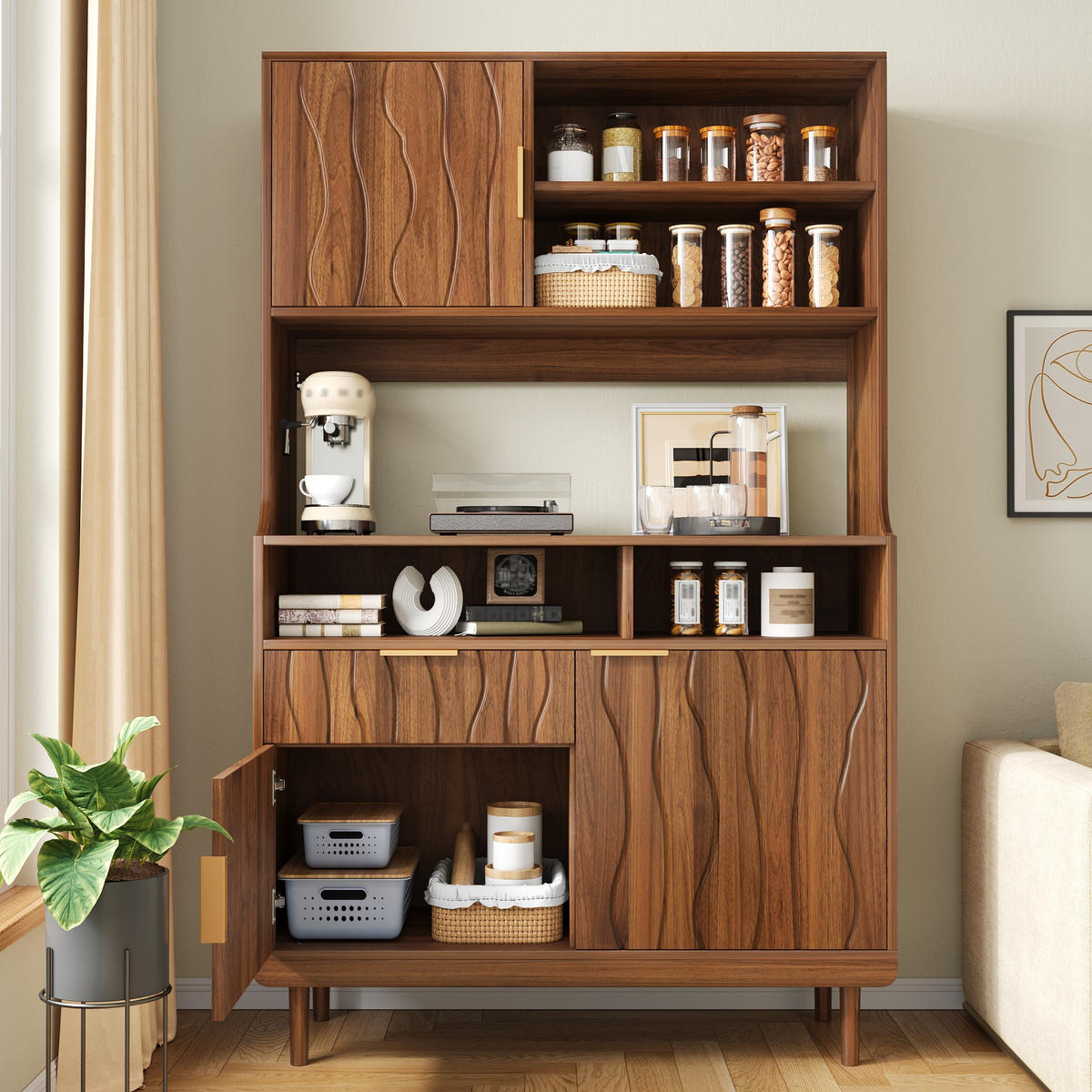 KÜCHENSCHRANK mit Türen, Schublade und offenen Regalen - Walnussfarben, Holzwerkstoff (100/170/32cm) - FLIEKS