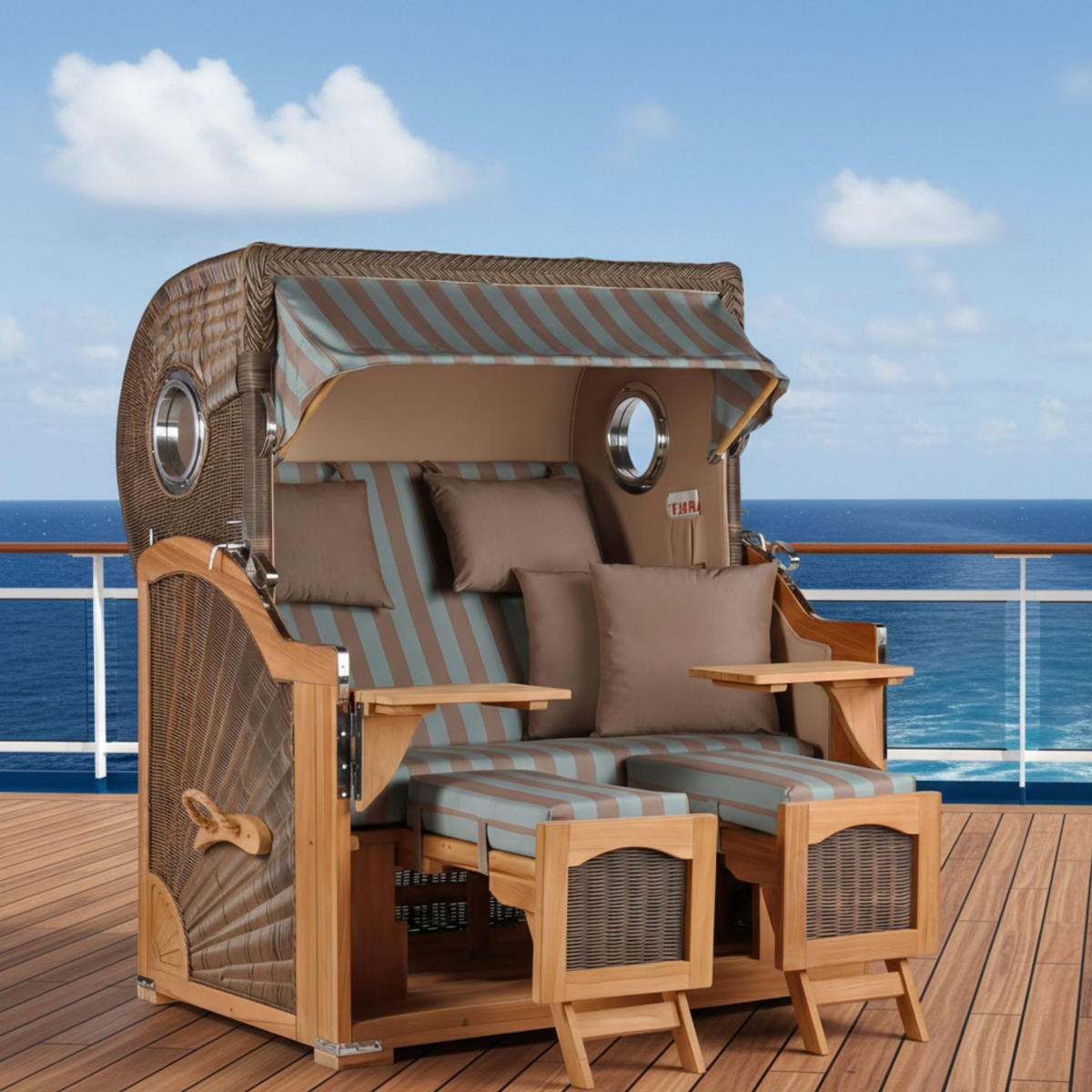 STRANDKORB Düne Grande Bullauge Teak PE Grey Dessin 520 - Braun/Grau, Metall (142/170/95cm) - Mr. Deko