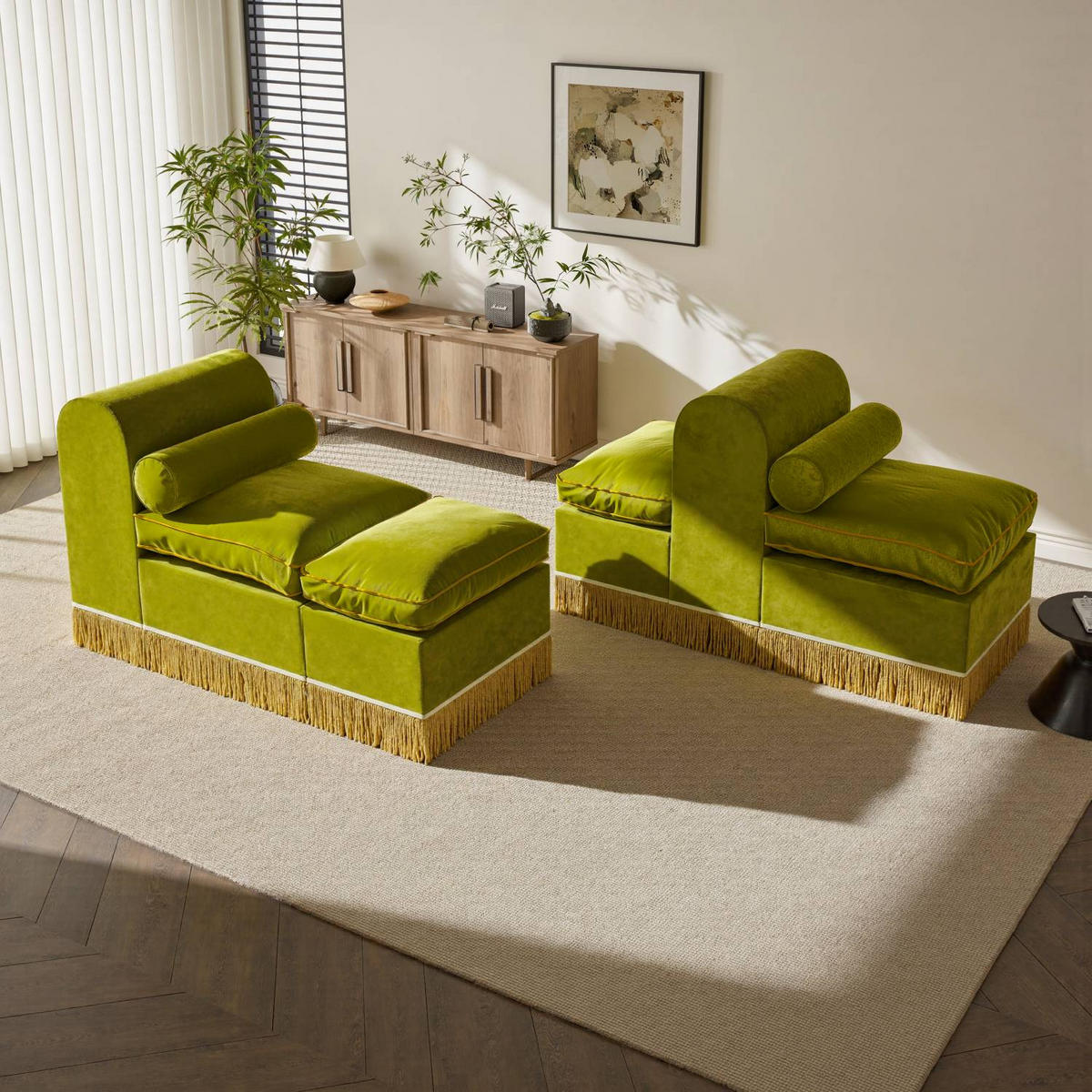 LOUNGESOFA mit Quasten Einzelsofa Luxus und Premium Samt - Olivgrün, Textil (60/80/130cm) - Vercart