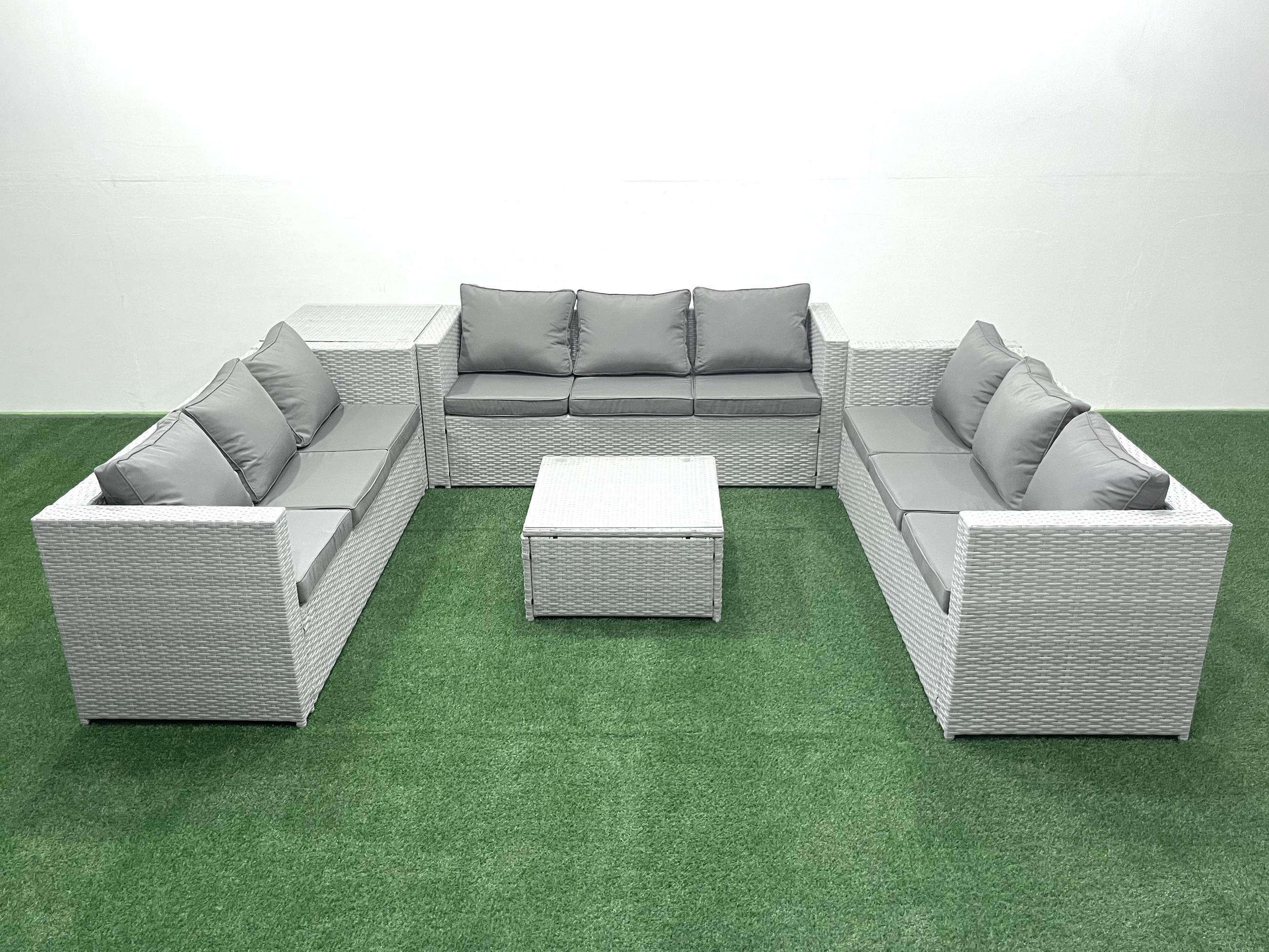 GARTENMÖBELSET mit 3-SITZER SOFA,COUCHTISCH Polyrattan Hellgrau-Mix 9-Sitzer - Hellgrau/Grau, Glas/Kunststoff - Fimous