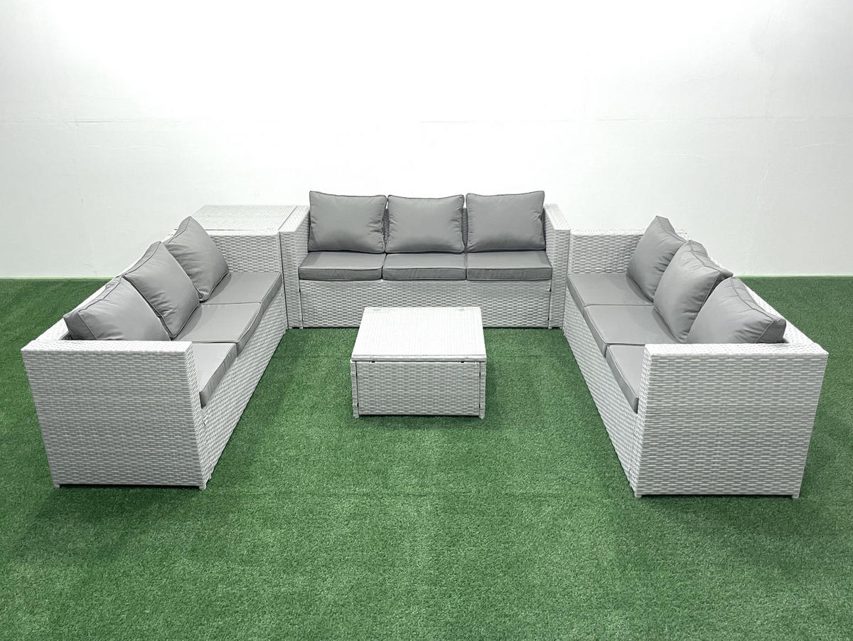 GARTENMÖBELSET mit 3-SITZER SOFA,COUCHTISCH Polyrattan Hellgrau-Mix 9-Sitzer - Hellgrau/Grau, Glas/Kunststoff - Fimous