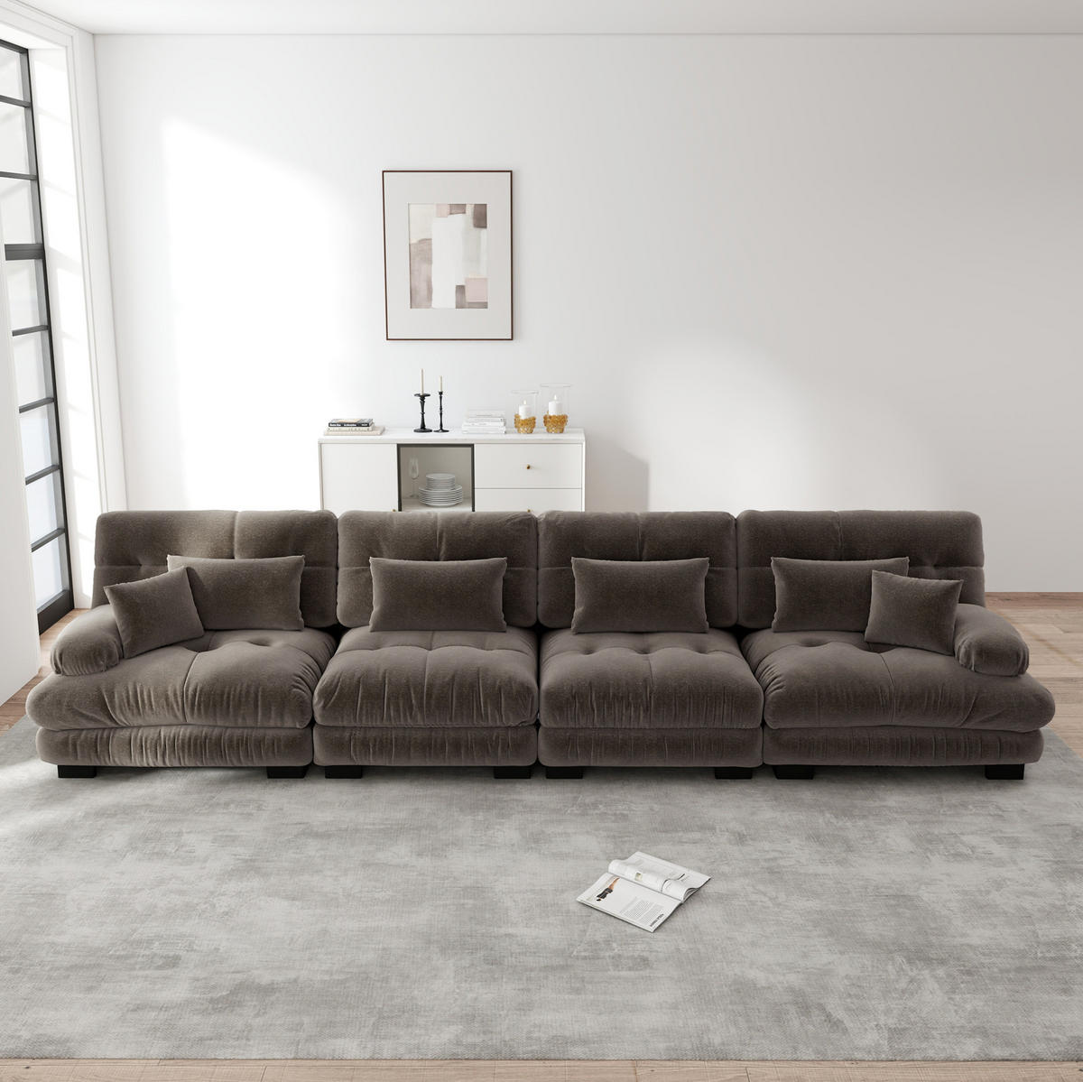 SOFA modular 4-Sitzer Chenille Brown - Dunkelgrau, Kunststoff (77/81/406cm) - Meubliv