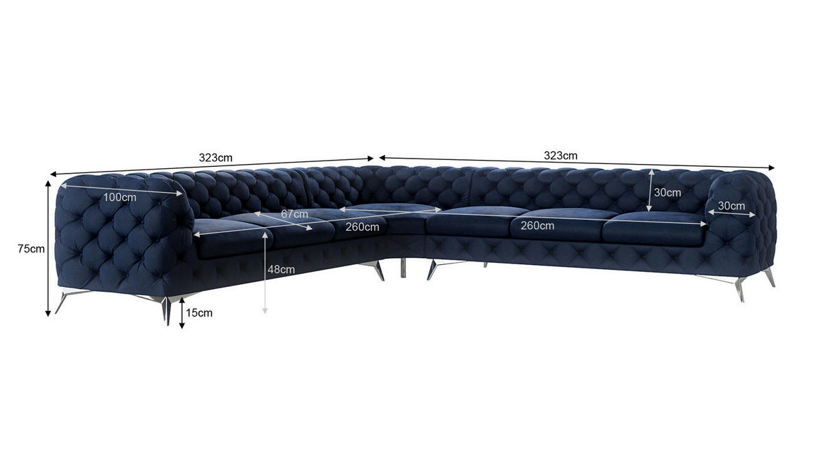 ECKSOFA Chesterfield Laura Marineblau Samt - Silberfarben/Dunkelblau, Holz/Textil (323/323cm) - S-Style Möbel