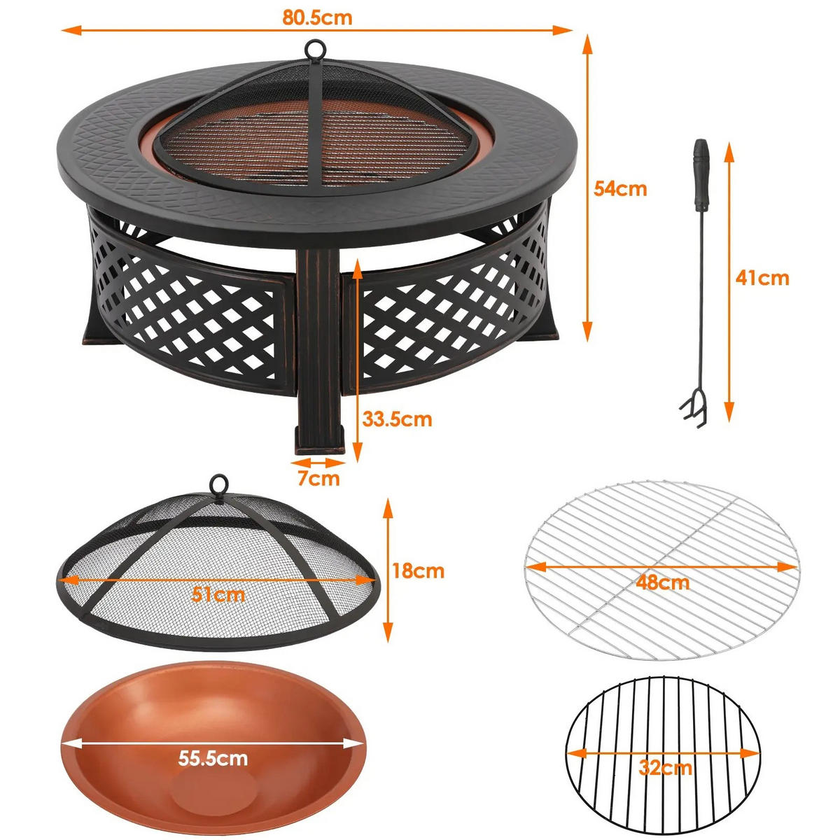 FEUERSCHALE Ø81 cm mit Grillrost & Funkenschutz Schwarz - Schwarz, Metall (81/81cm) - Kaket