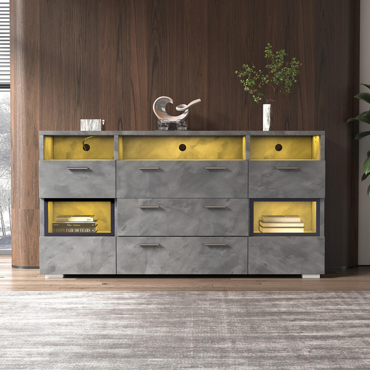 SIDEBOARD Betonoptik Grau, mit LED, 2 Glastüren, 3 Schubladen und offenen Fächern, 140/33,5/72,5 cm - Grau, Holzwerkstoff (140/72.5/33.5cm) - WISHDOR