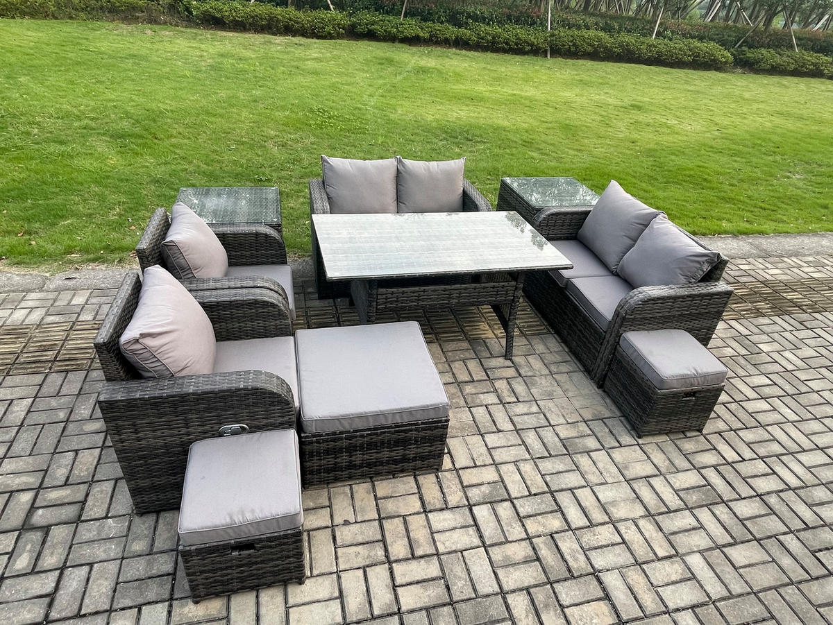 Gartenmöbelset mit Esstisch,Beistelltisch Polyrattan Dunkelgrau 9-Sitzer - Dunkelgrau/Grau, Glas/Kunststoff - Fimous