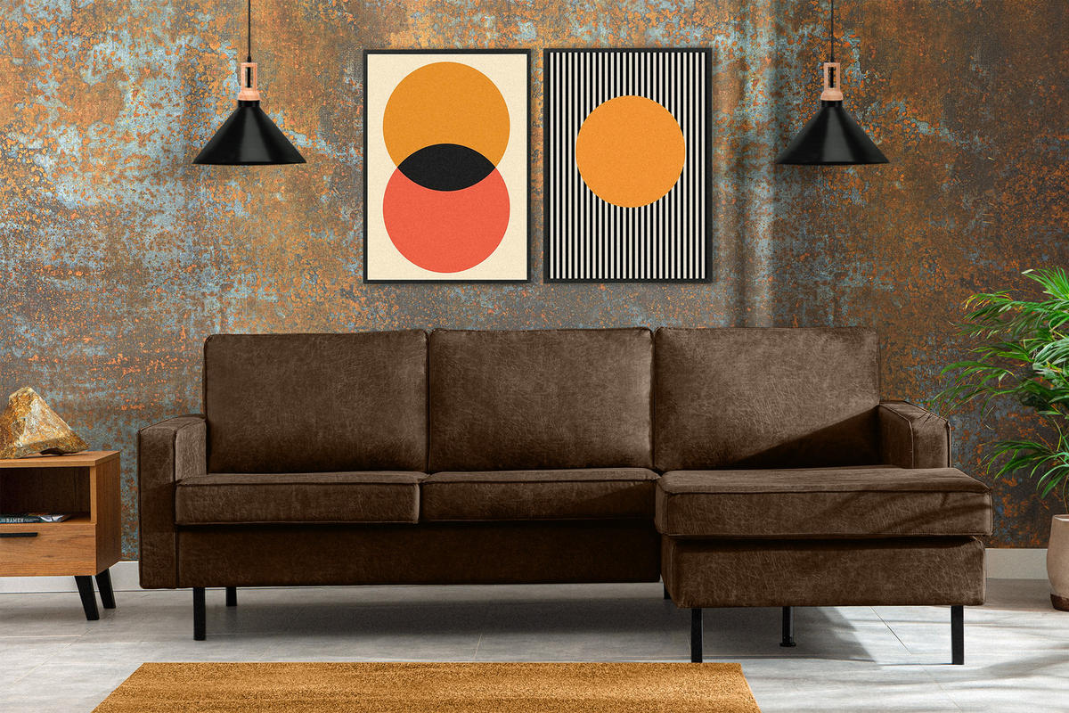 ECKSOFA-RECHTS INVIA mit Armlehnen vintage, Lederoptik-Stoff, dunkelbraun - Dunkelbraun/Schwarz, Textil (234/160cm) - KONSIMO®