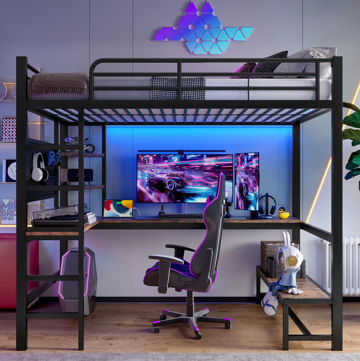 HOCHBETT 90/200 cm aus Metall mit Schreibtisch, LED-Leiste, USB-C, Schwarz - Schwarz, Metall (90/200cm) - OKMYHOME