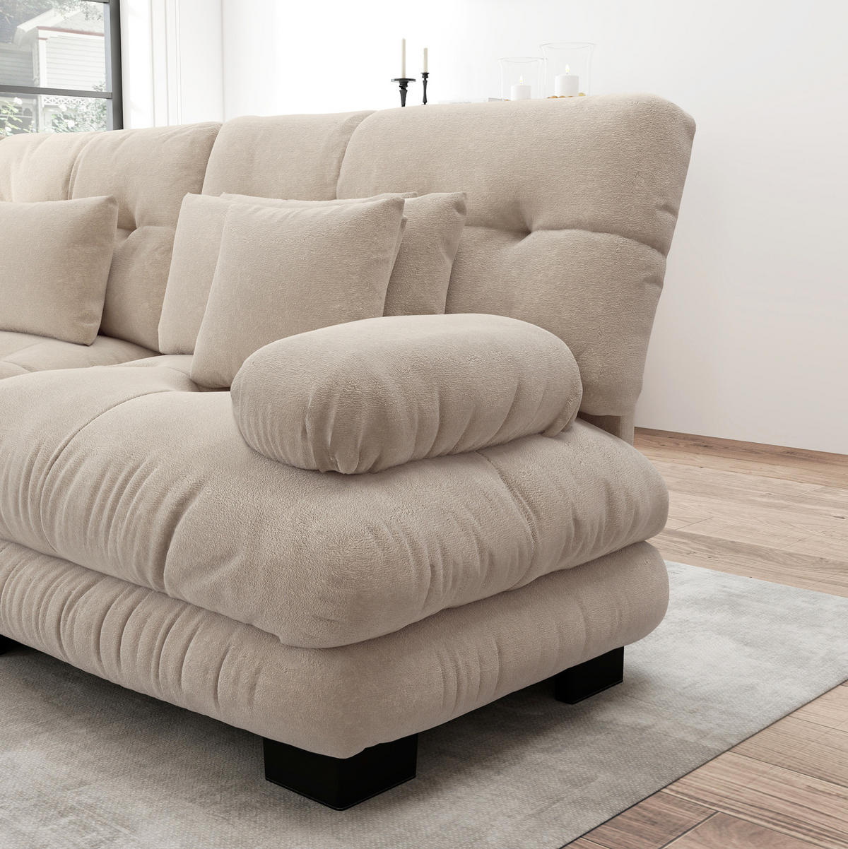 SOFA modular Chenille Light Coffee mit Ottoman und Kissen - Beige, Kunststoff (145/220.1cm) - Meubliv