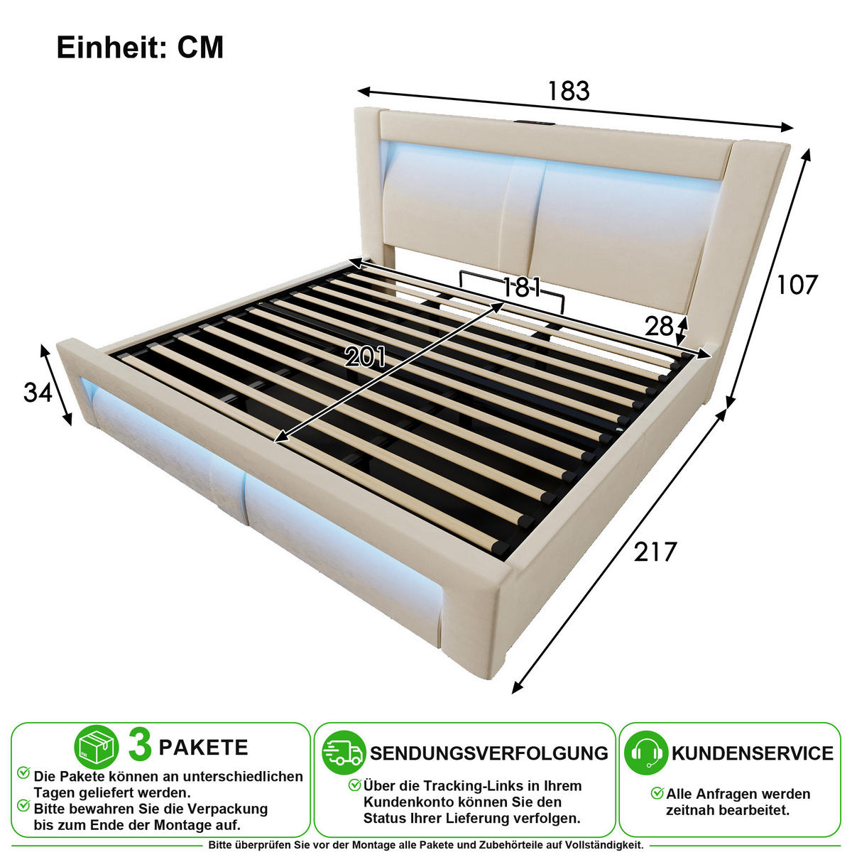 POLSTERBETT 180/200 cm in Beige mit Stauraum, LED und USB aus Samt - Beige, Holzwerkstoff/Textil (180/200cm) - CHICFURN