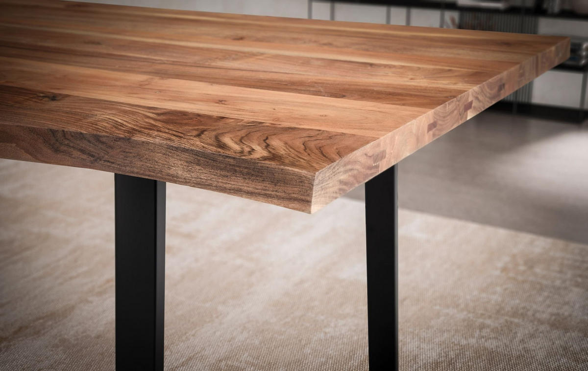 ESSTISCH Massivholz Baumkante Schwarz Metall Handgefertigt TARN, Goldbraun-Schwarz 120x60x76 cm - Schwarz/Braun, Holz (60/120/76cm) - KADIMA DESIGN