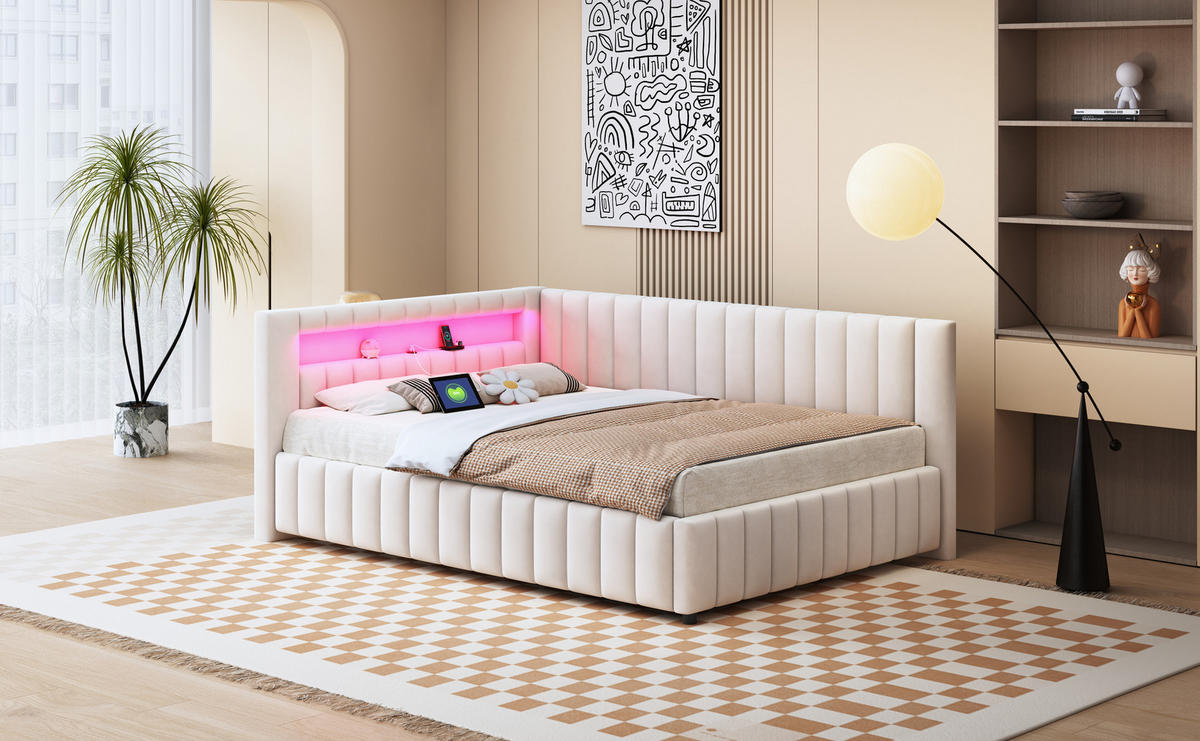 POLSTERBETT 140x200 cm LED USB beige - Beige, Textil (140/200cm) - Fortuna Lai