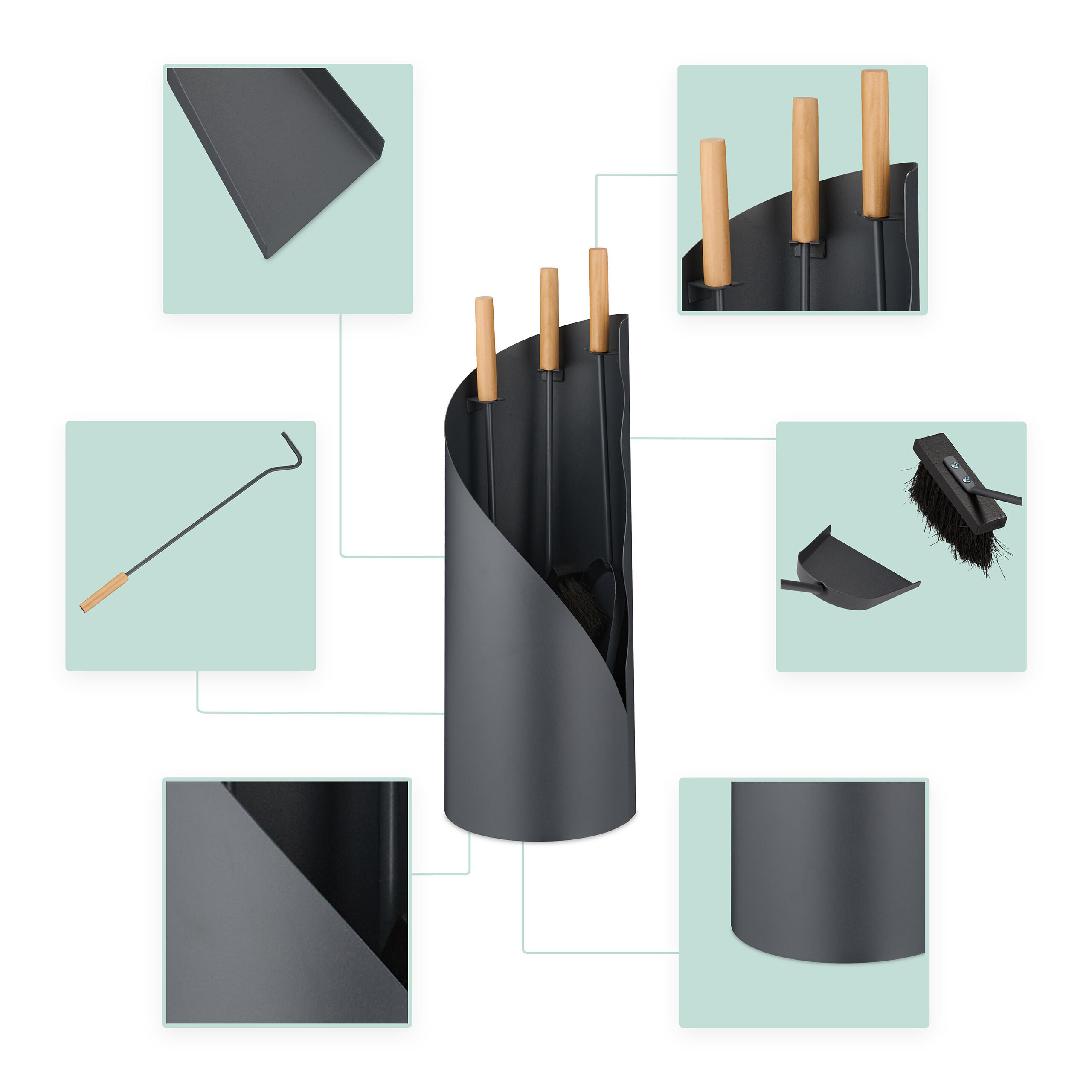 KAMINBESTECK-SET 4-tlg. - Grau, Holz/Metall (20/57/20cm) - Relaxdays