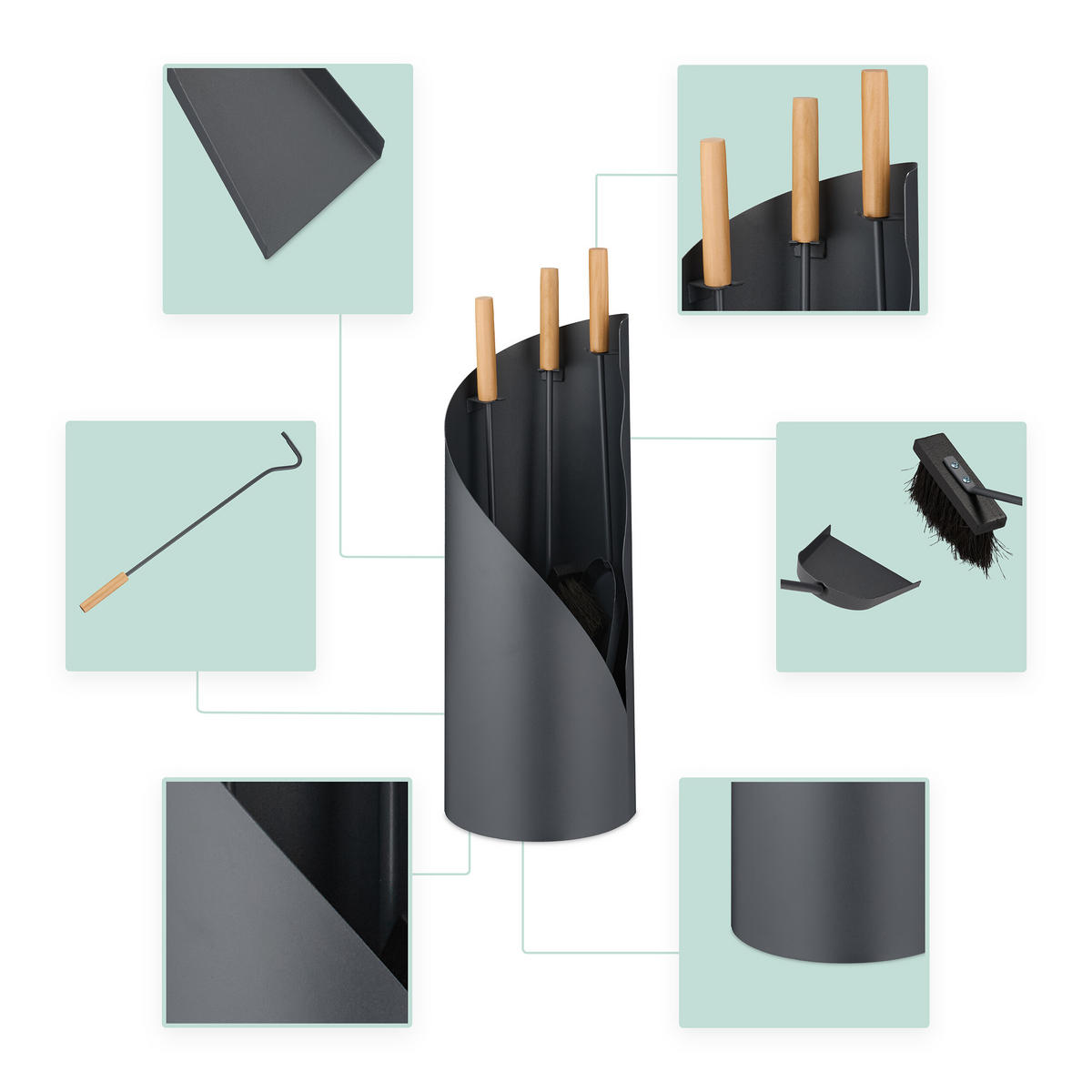 KAMINBESTECK-SET 4-tlg. - Grau, Holz/Metall (20/57/20cm) - Relaxdays