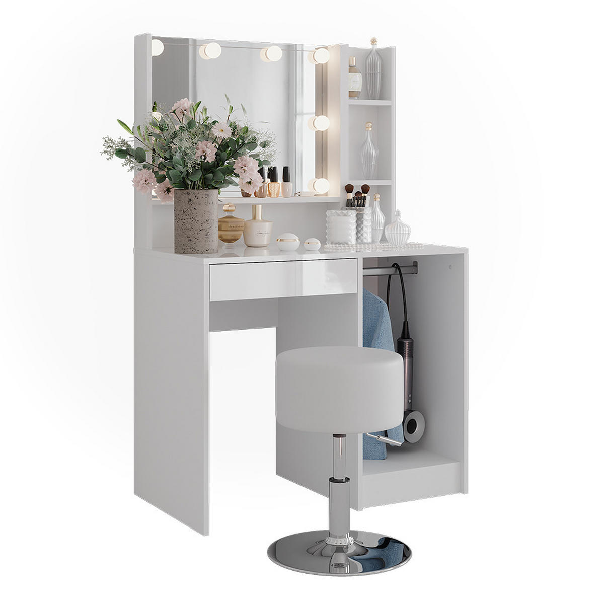 SCHMINKTISCH Sherry Weiß/Weiß Hochglanz 89.8 cm 5 Teile - Weiß Hochglanz, Holzwerkstoff (50.1cm) - Vicco