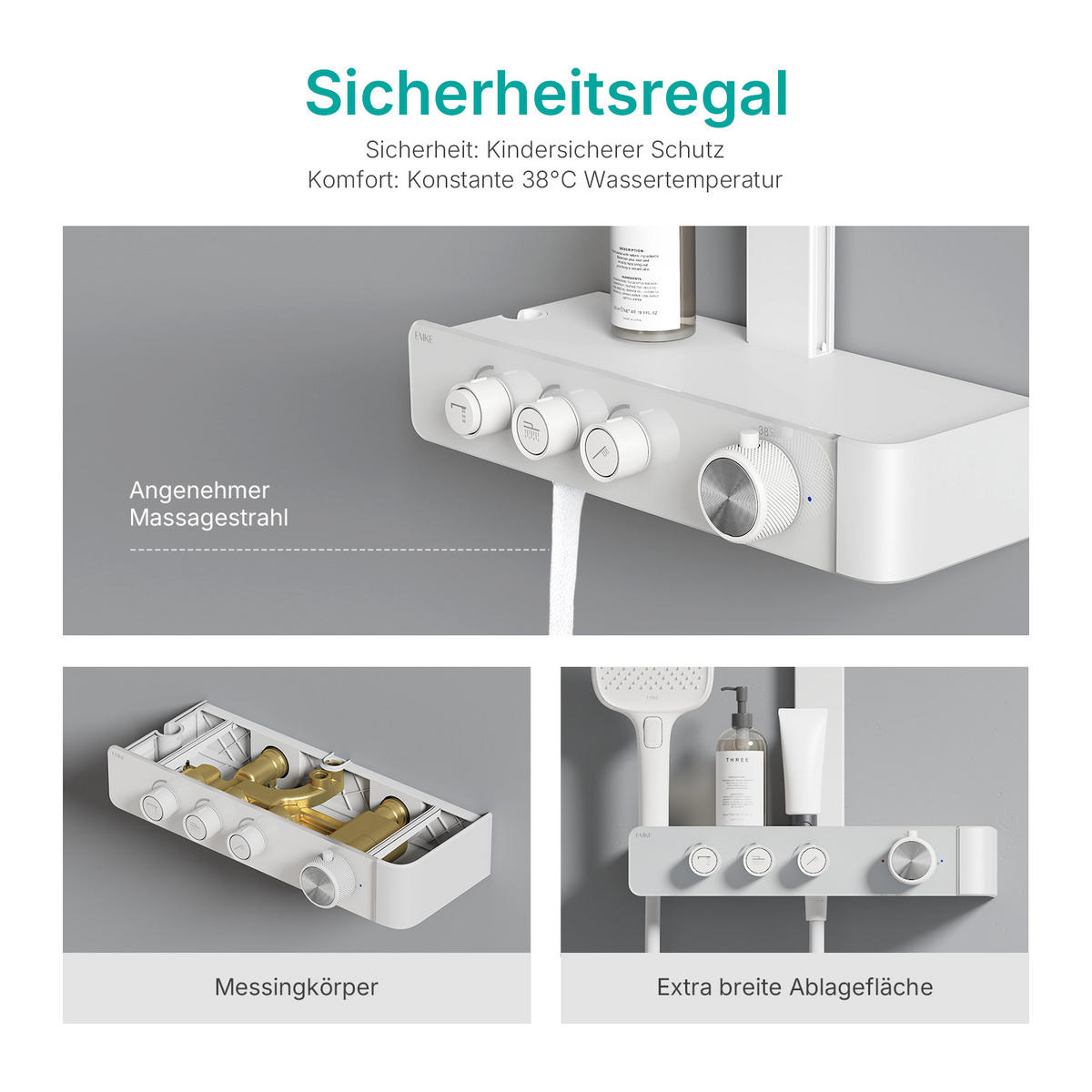 ÜBERKOPFBRAUSESET mit Thermostat und 4 Wasserauslässen 40,9/60/105 cm - Weiß, Metall (40/113/58cm) - EMKE
