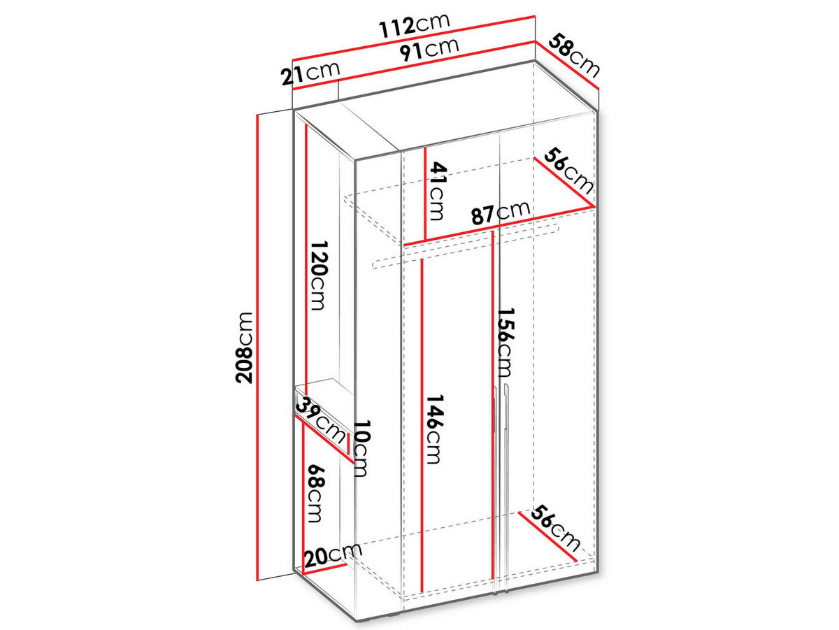 GARDEROBE Barcelona II mit Weiße LED-Beleuchtung - Eichefarben/Schwarz, Holzwerkstoff/Kunststoff (112/208/58cm) - MIRJAN24