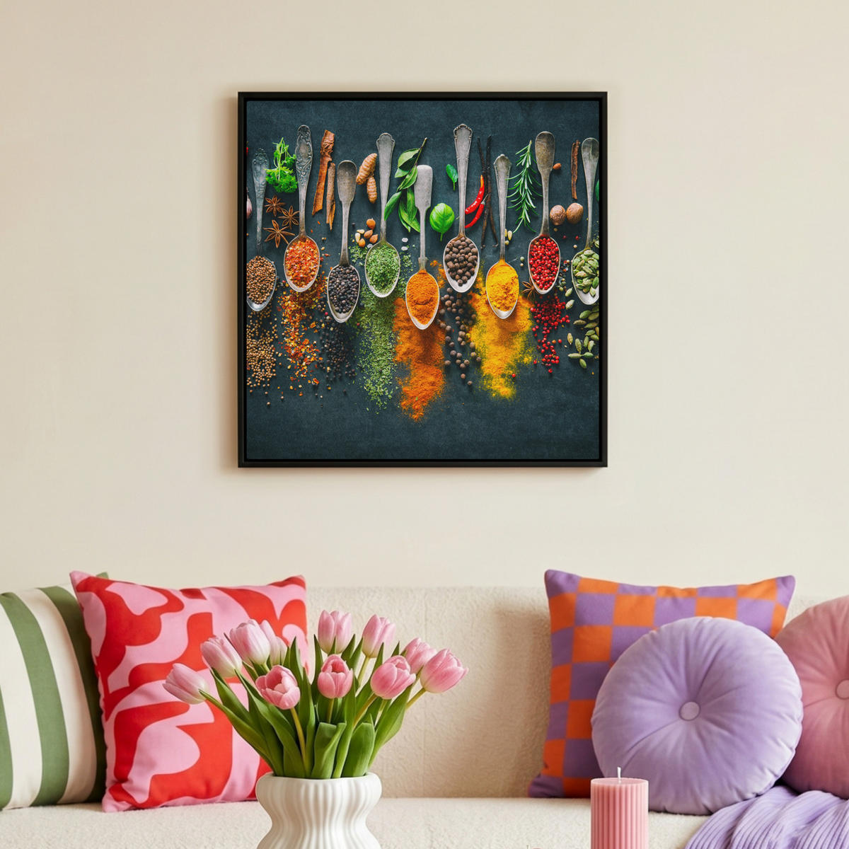 LEINWAND Bilder mit Rahmen - Kräuter - Gewürze - Löffel - 50x50 - Currygelb, Textil (50/50cm) - MuchoWow