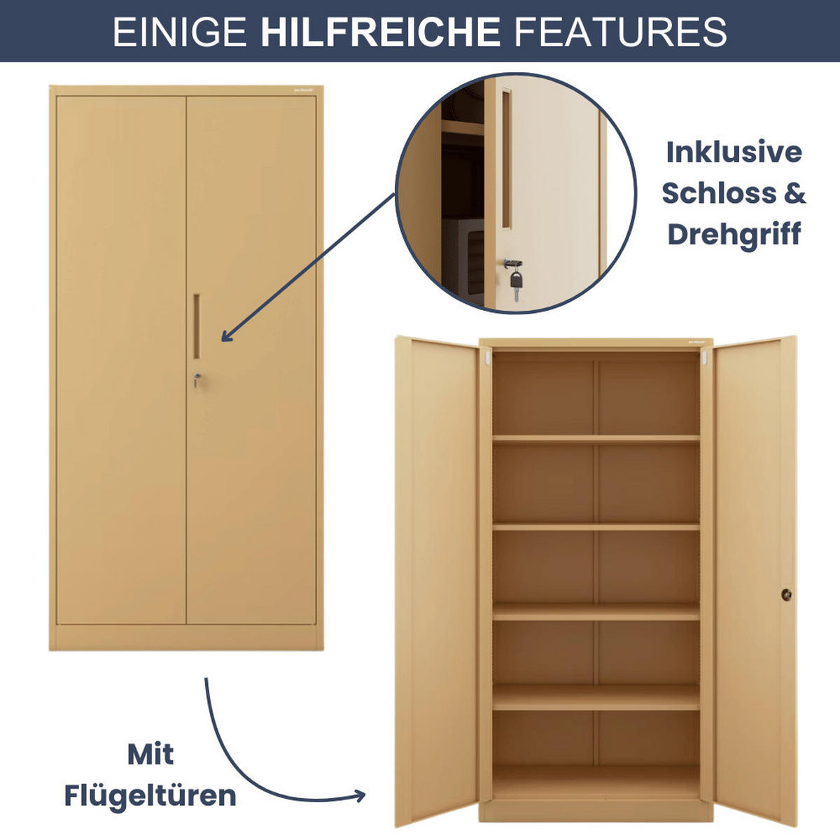 AKTENSCHRANK abschließbar KADO mit Flügeltüren 195x90x40cm Beige - Beige, Metall (90/195/40cm) - DELUKE