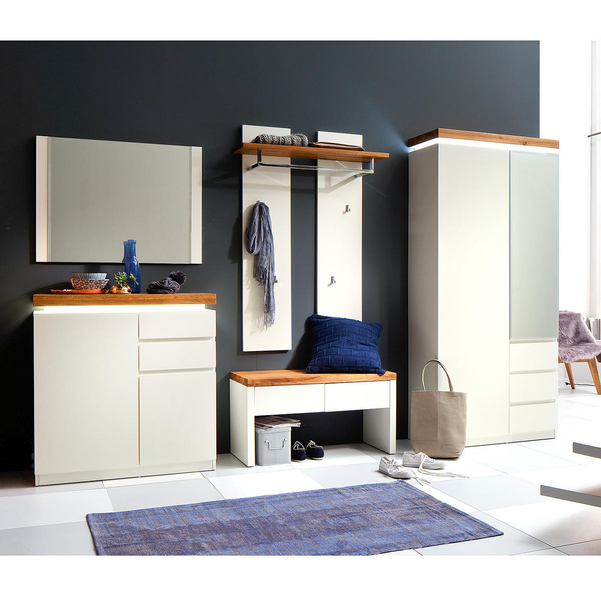 GARDEROBENBANK - Eiche / Matt Weiß - Weiß, Holz/Holzwerkstoff (91/48/38cm) - home24