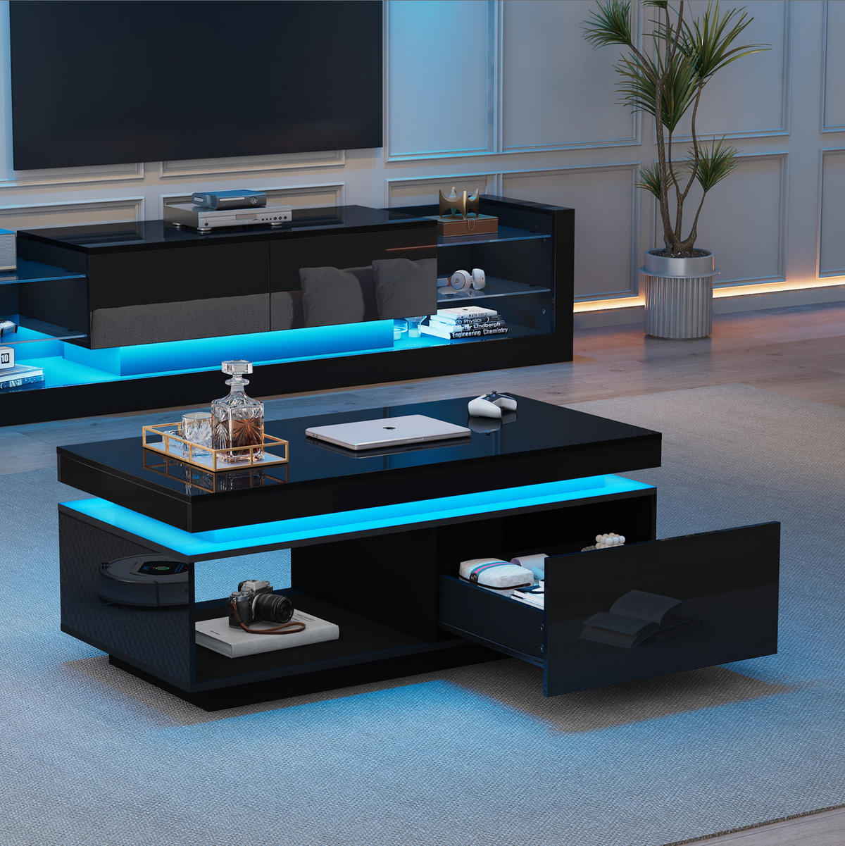 TV-SCHRANK-SET mit Couchtisch in Hochglanz Schwarz mit LED 181/38/38 cm + 100/50/40.3 cm - Schwarz, Holzwerkstoff (50/181/78.3cm) - Redom