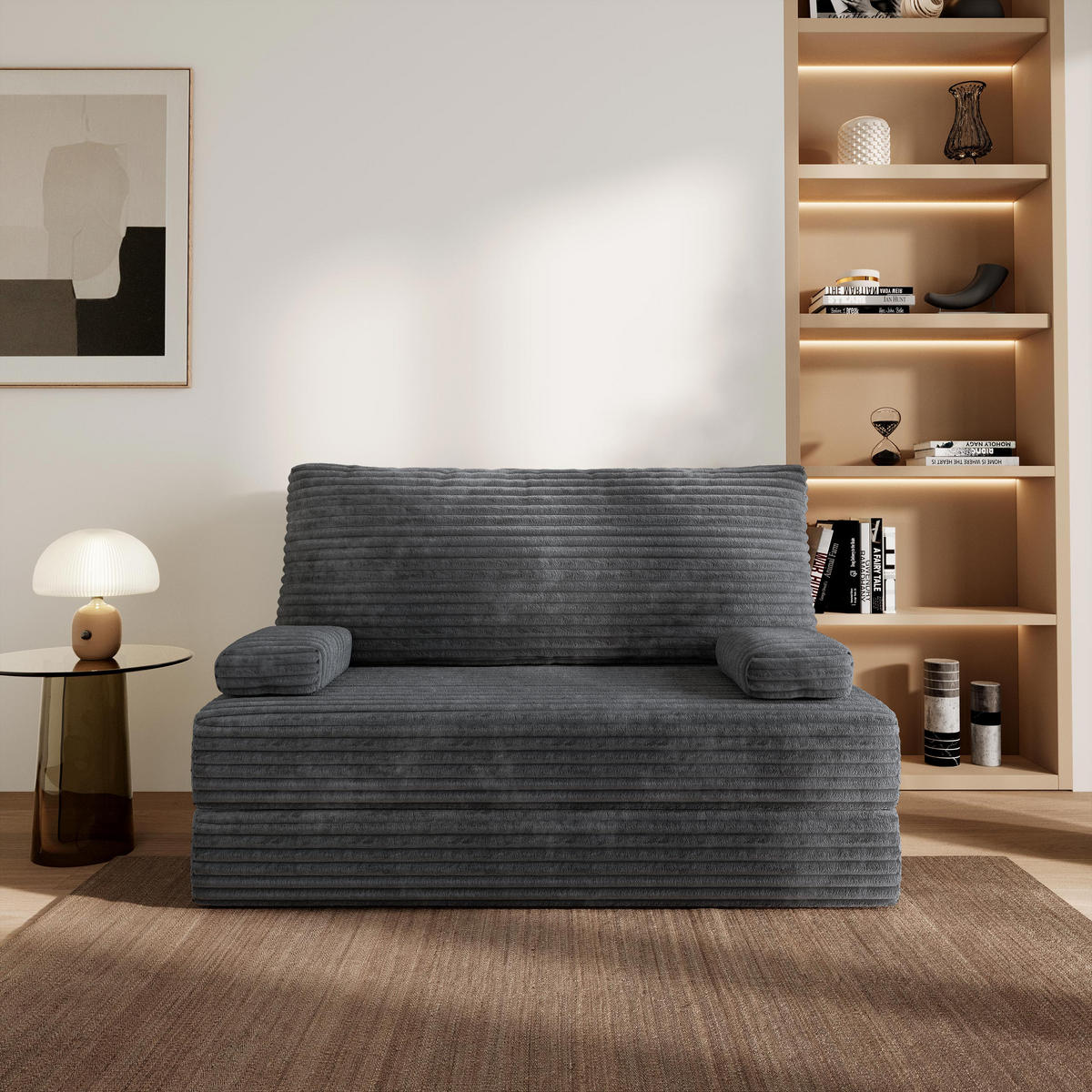 BETTSOFA LADIA aus Schaumstoff Cordstoff Grau Schlaffunktion - Dunkelgrau, Textil (140/86/60cm) - MASSENO