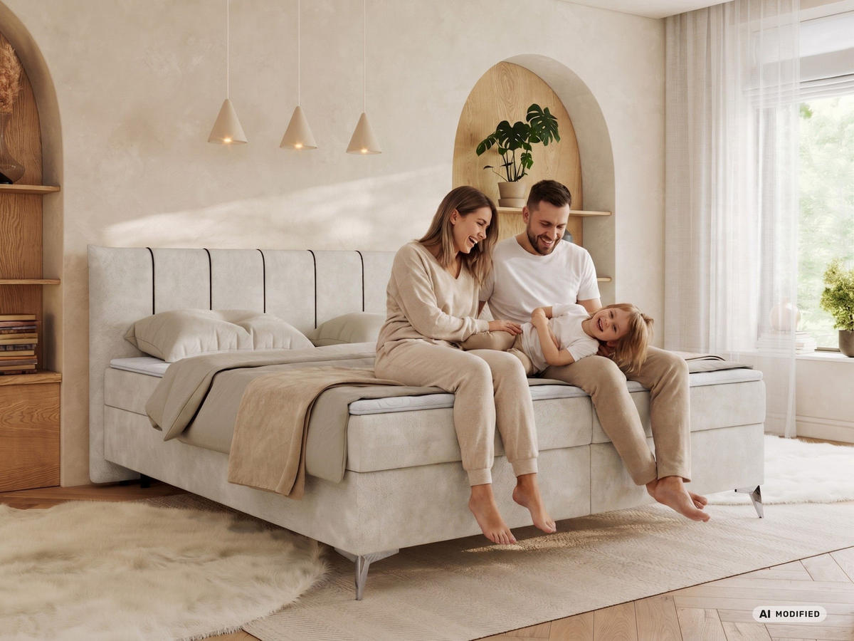 BOXBETT DRINEA 140/200 - Creme Stukture - Topper T25 - H4 - Beige, Textil (140/200cm) - MKS