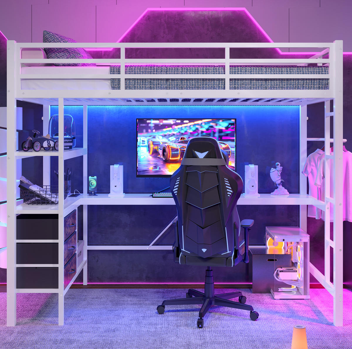 HOCHBETT aus Metall und MDF 90x200 cm Weiß mit LED-Beleuchtung, Schreibtisch, USB-Anschluss und 3 Schubladen - Weiß, Metall (140/200cm) - Modfu