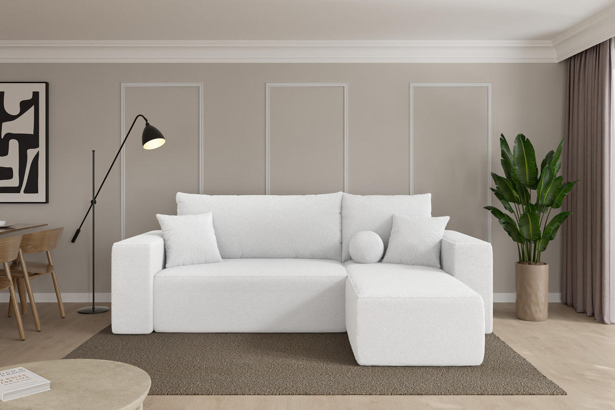 ROHOVÁ SEDAČKA s funkcí spaní, otoman vpravo SENO-L 249x139x85 bílá bouclé - bílá/černá, kompozitní dřevo/textil (249/139cm) - ALTDECOR