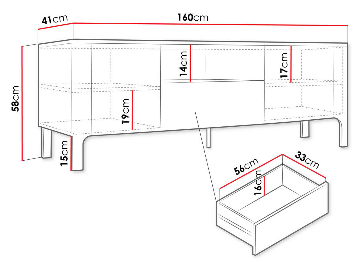 TV-LOWBOARD Malumi MM05 2D1SZ - Eichefarben/Goldfarben, Holzwerkstoff/Metall (160/58/41cm) - MIRJAN24