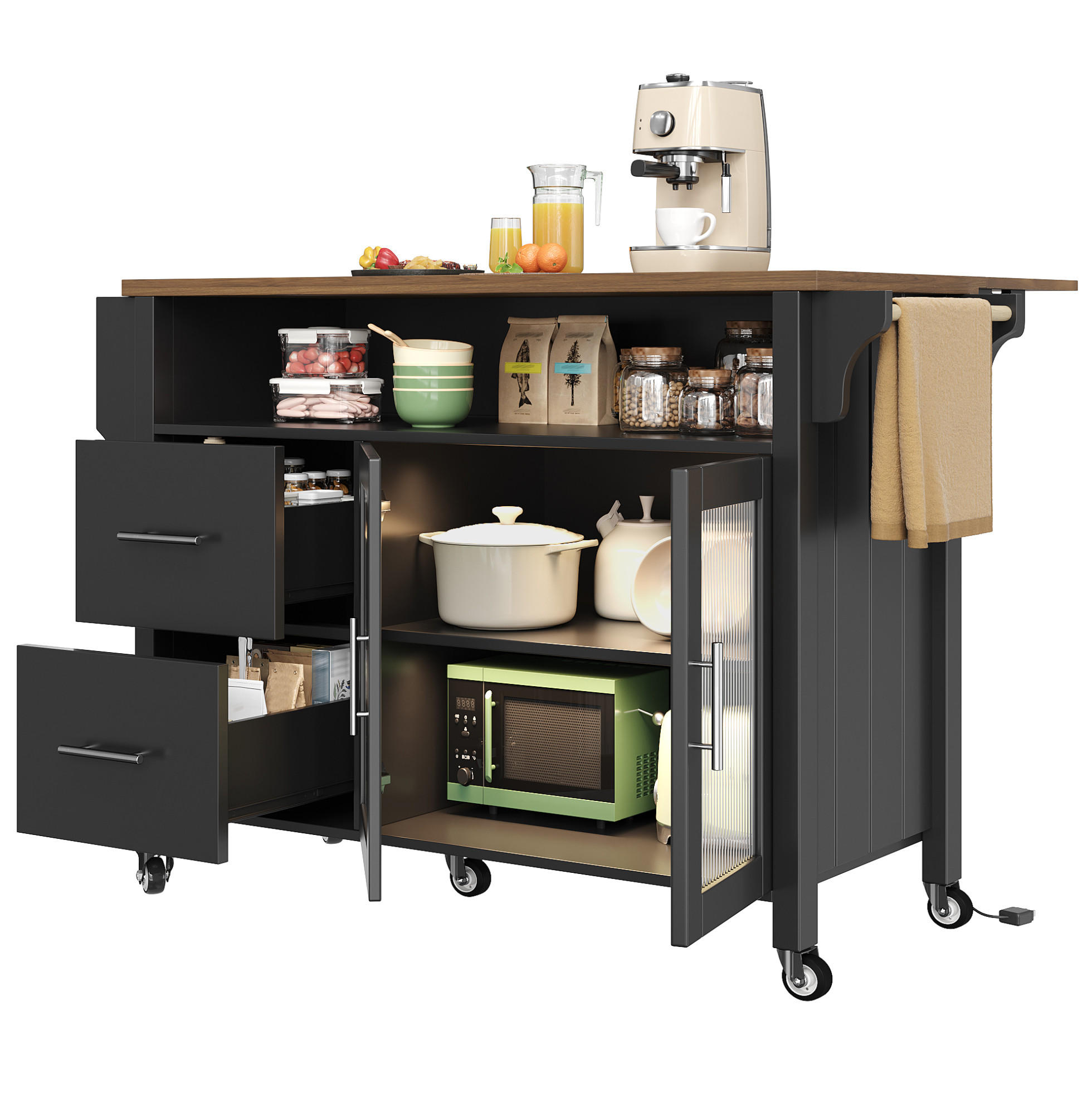 KÜCHENINSEL mit klappbarer Arbeitsplatte 139 x 40/65 x 94 cm Schwarz - Schwarz, Holz (40/94.5/139cm) - Beauniv