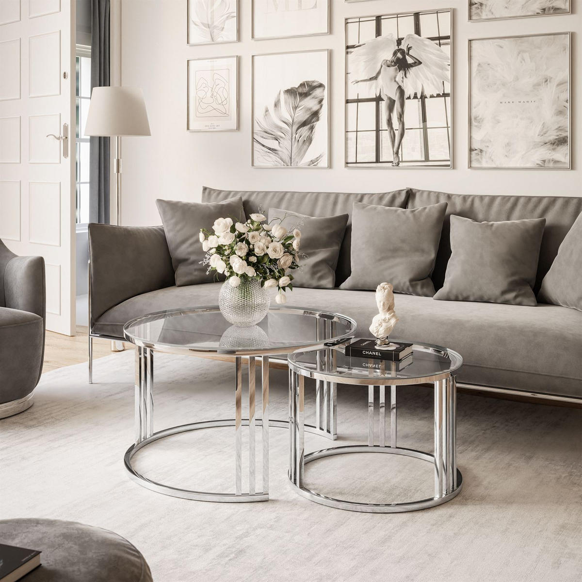 COUCHTISCH 2 in 1 LORI GLASS verchromt silber - Transparent/Silberfarben, Glas (70/70/48cm) - Lookway