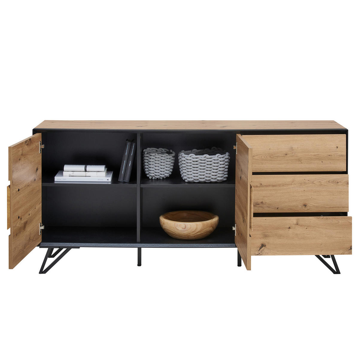 SIDEBOARD - Eiche Dekor / Schwarz - Schwarz/Braun, Holzwerkstoff/Metall (160/75/40cm) - home24